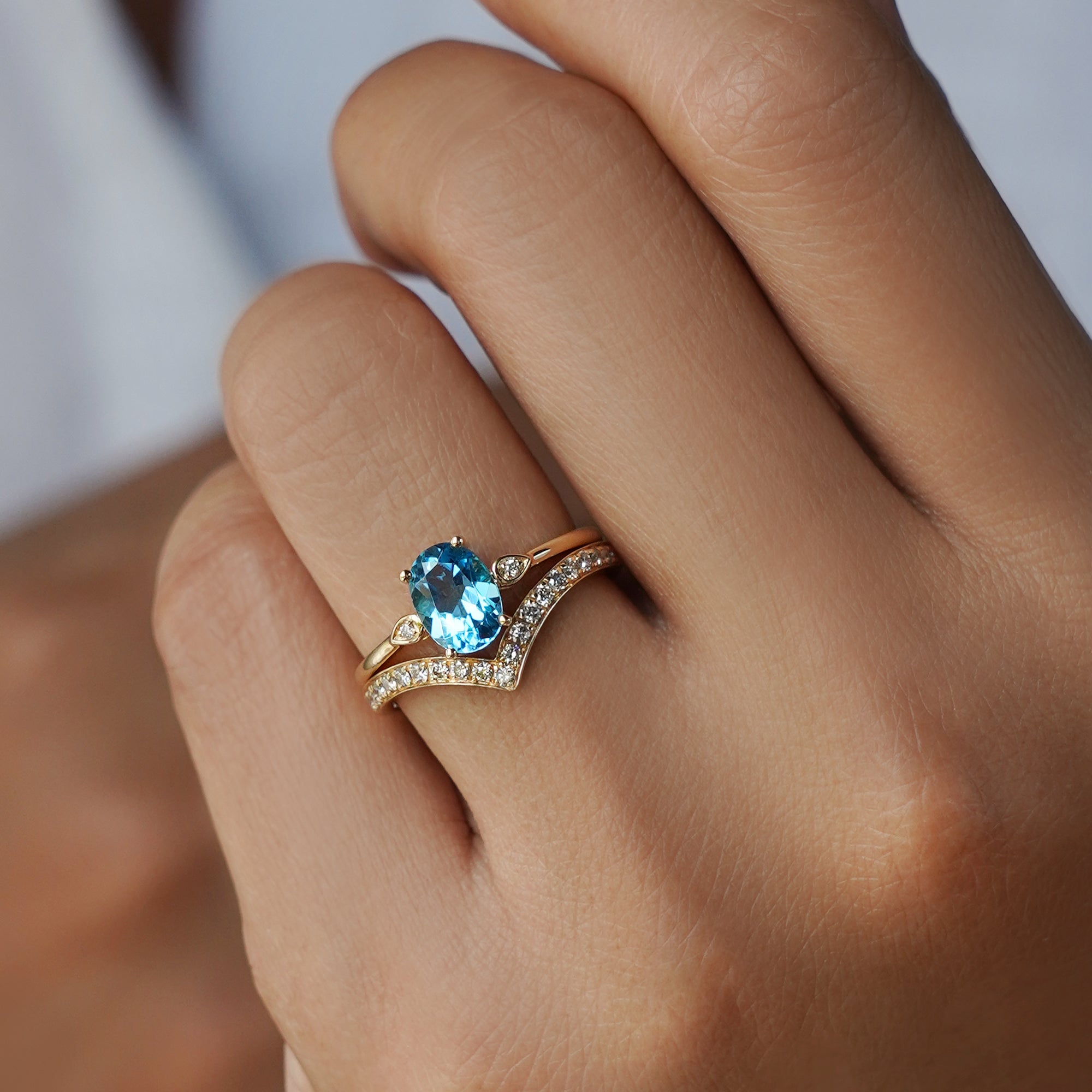 Blue Topaz Oval & Natural Diamond Ring - Solid 14K Yellow Gold | BITS OF BALI JEWELRY