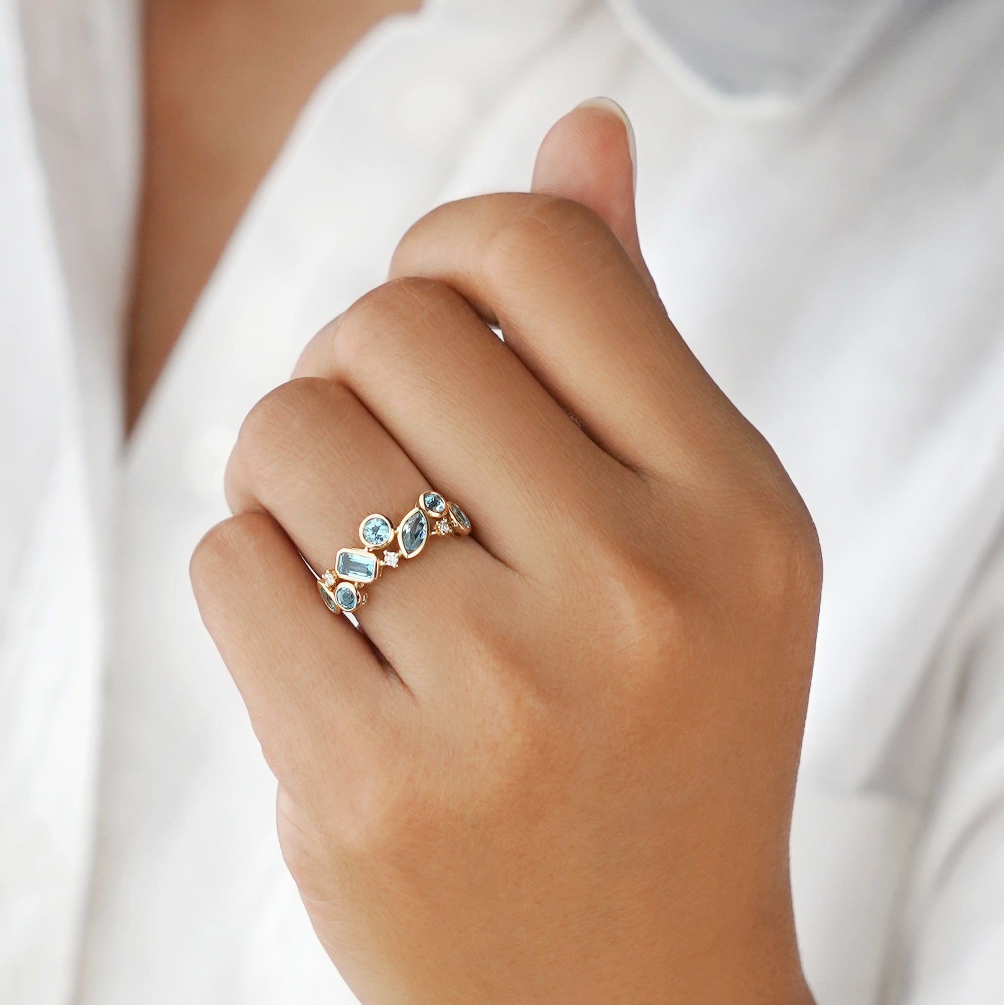 Swiss Blue Topaz & Diamond Half Eternity Ring - Solid 18k Yellow Gold | BITS OF BALI JEWELRY