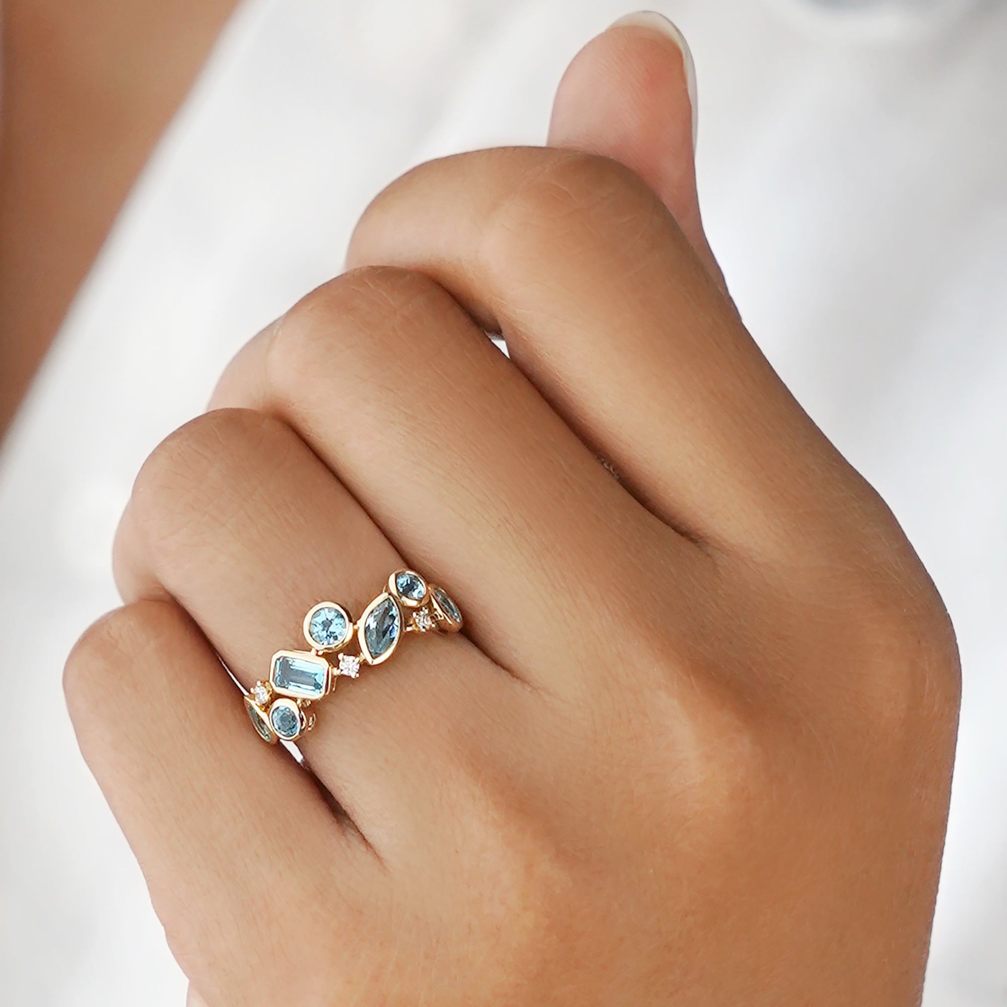 Swiss Blue Topaz & Diamond Half Eternity Ring - Solid 18k Yellow Gold | BITS OF BALI JEWELRY