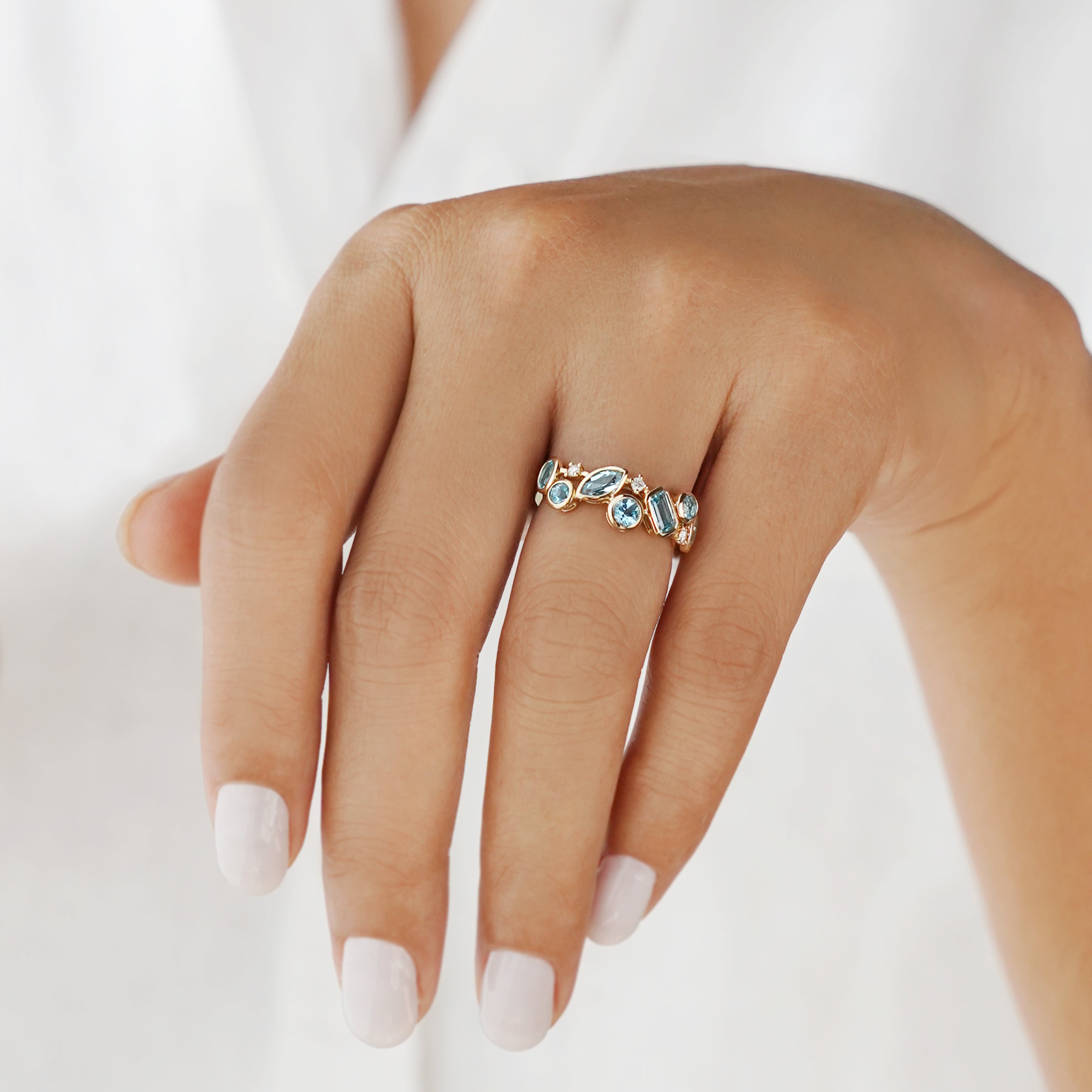 Swiss Blue Topaz & Diamond Half Eternity Ring - Solid 18k Yellow Gold | BITS OF BALI JEWELRY