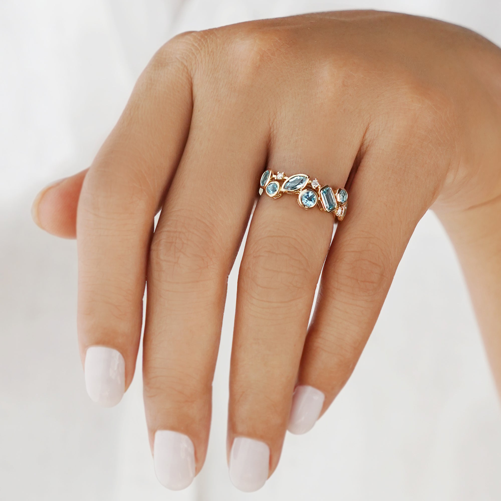 Swiss Blue Topaz & Diamond Half Eternity Ring - Solid 18k Yellow Gold | BITS OF BALI JEWELRY