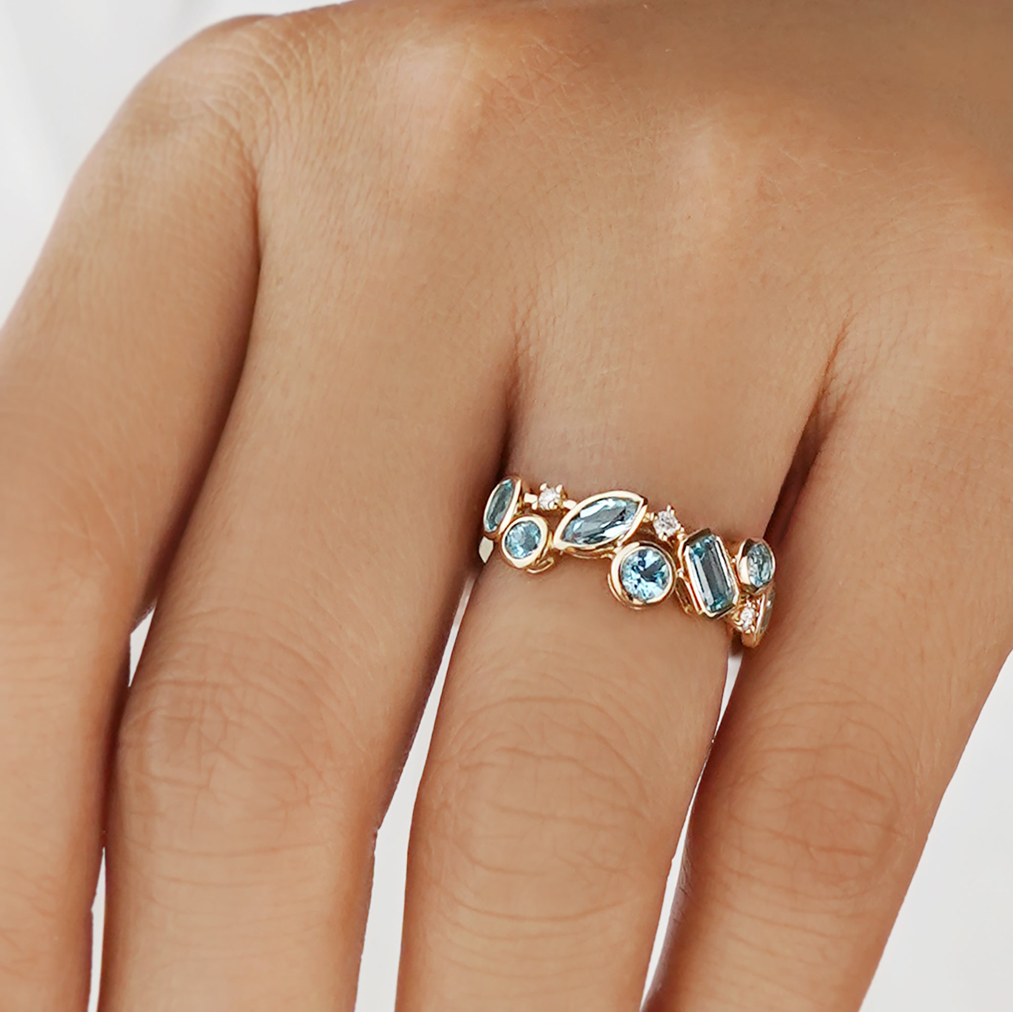 Swiss Blue Topaz & Diamond Half Eternity Ring - Solid 18k Yellow Gold | BITS OF BALI JEWELRY