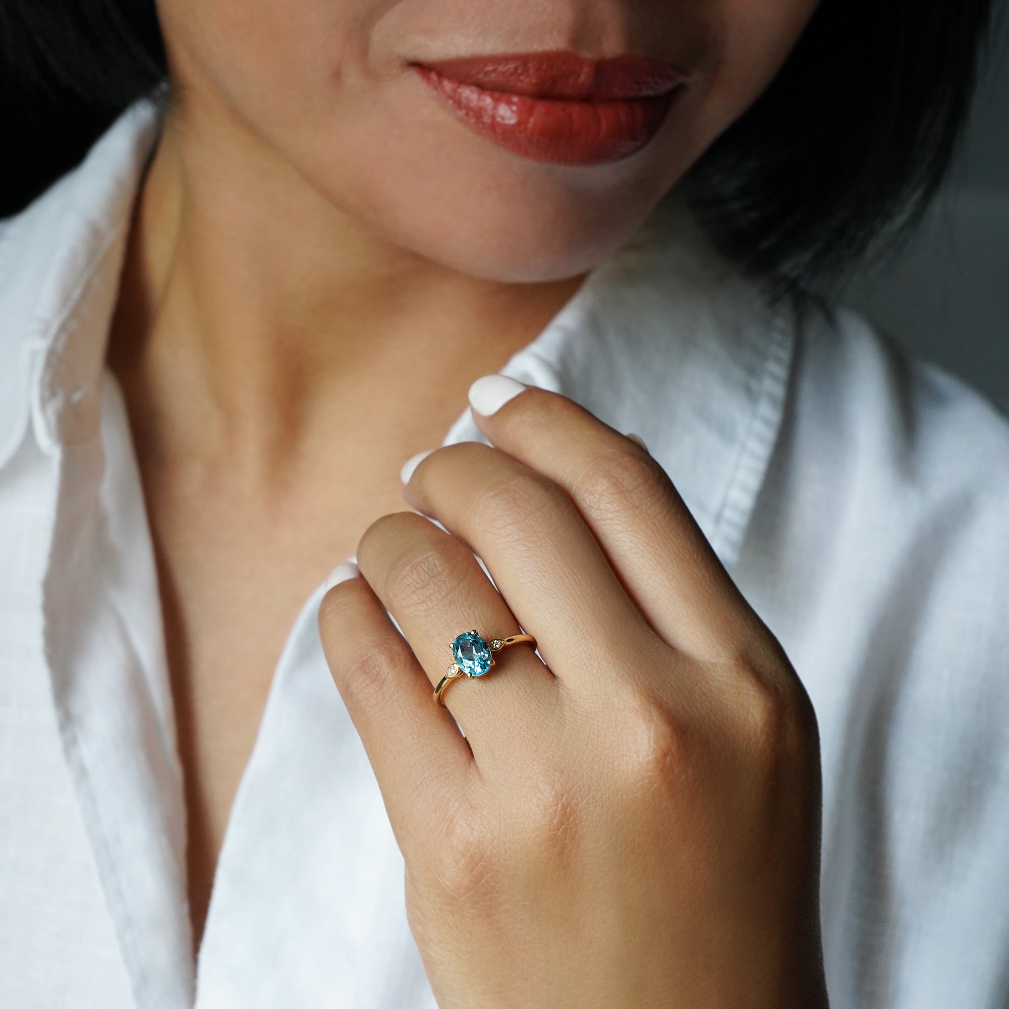 Blue Topaz Oval & Natural Diamond Ring - Solid 14K Yellow Gold | BITS OF BALI JEWELRY