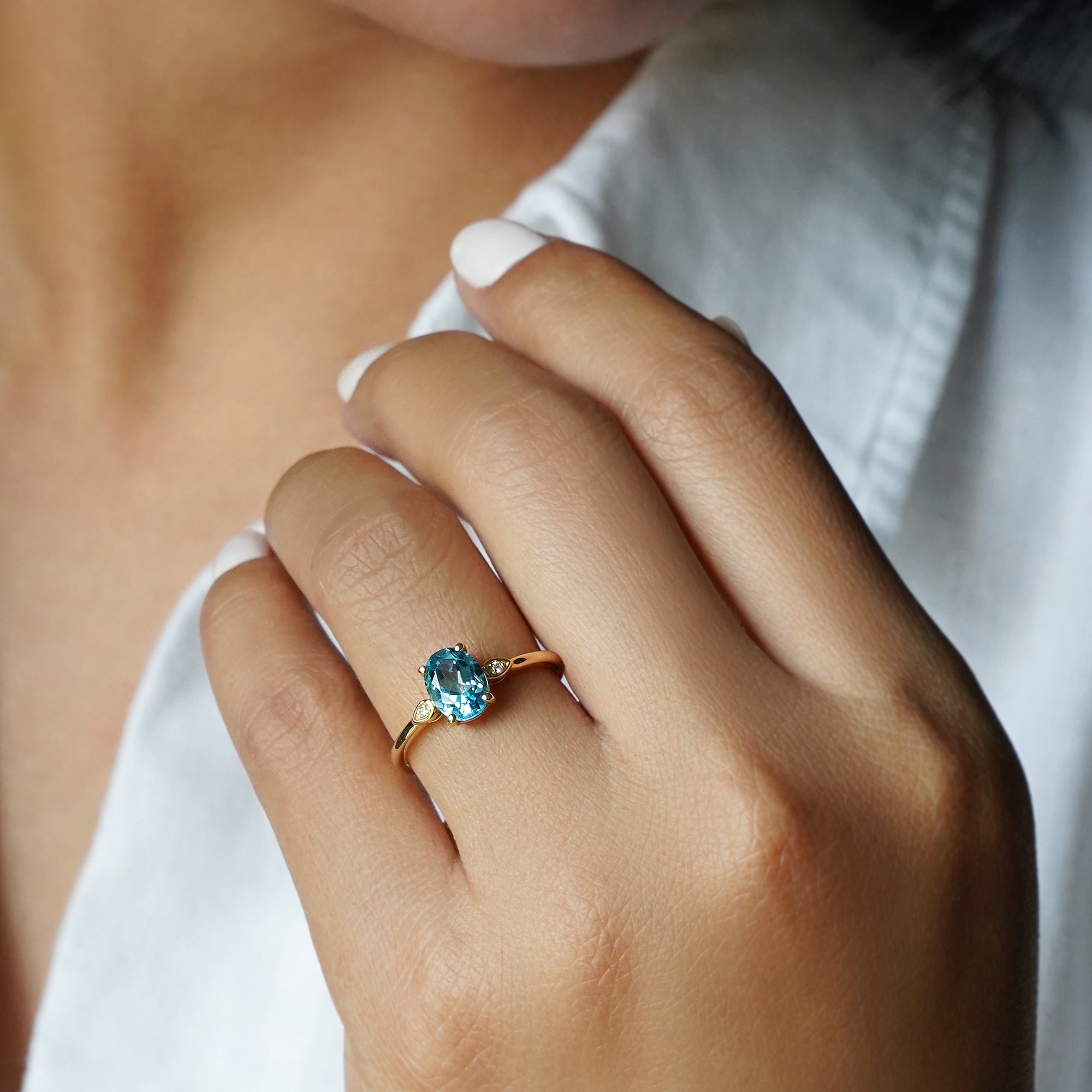 Blue Topaz Oval & Natural Diamond Ring - Solid 14K Yellow Gold | BITS OF BALI JEWELRY