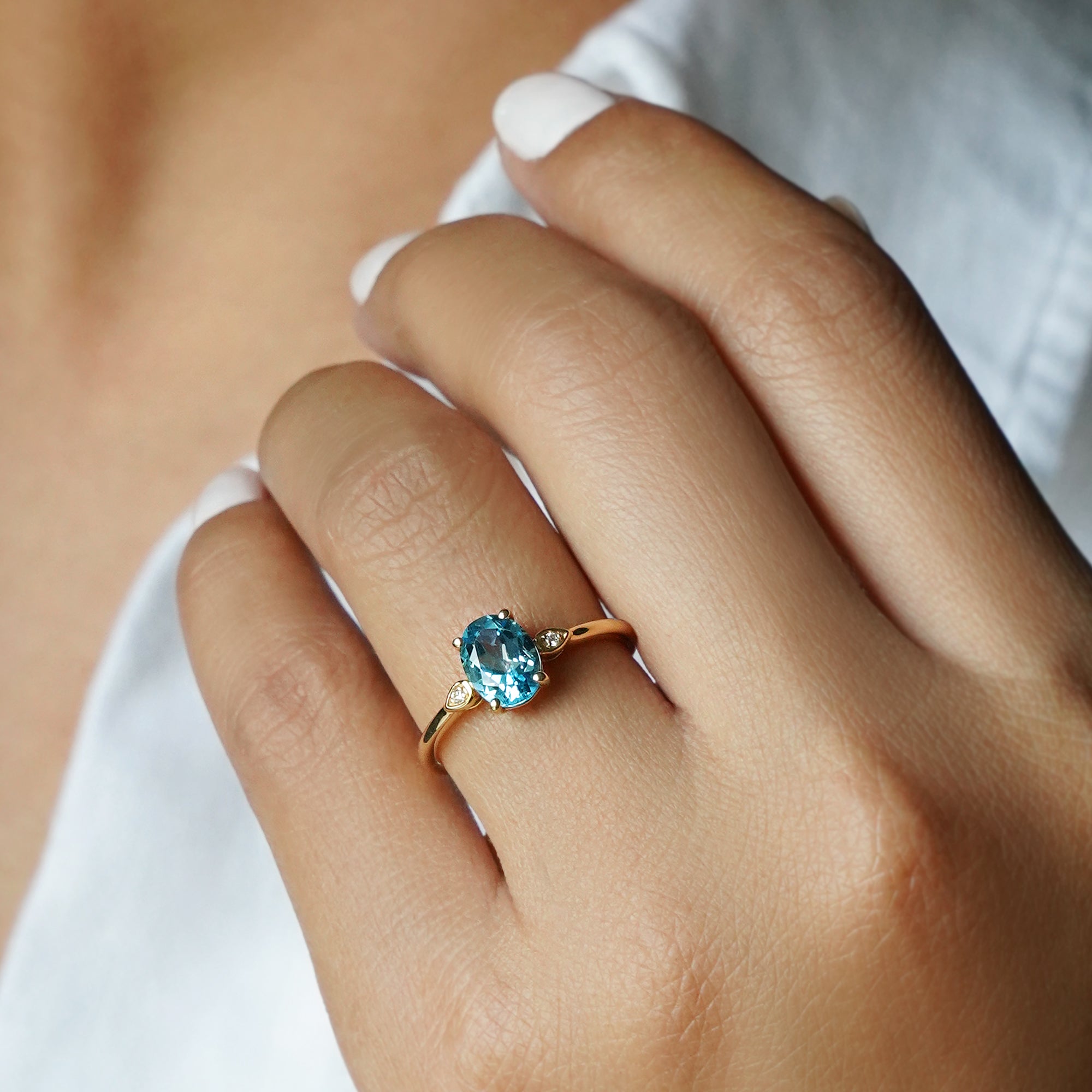 Blue Topaz Oval & Natural Diamond Ring - Solid 14K Yellow Gold | BITS OF BALI JEWELRY