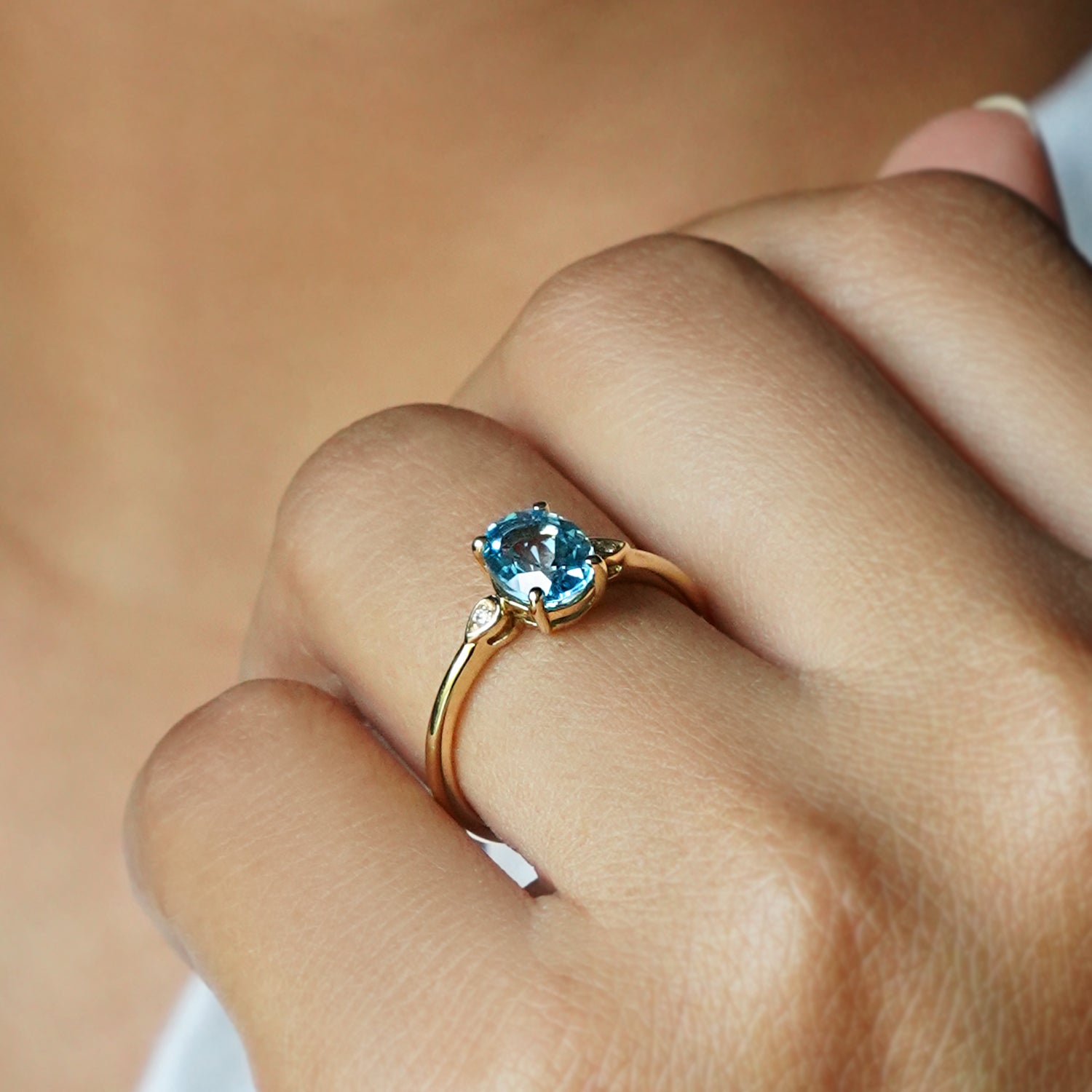 Blue Topaz Oval & Natural Diamond Ring - Solid 14K Yellow Gold | BITS OF BALI JEWELRY