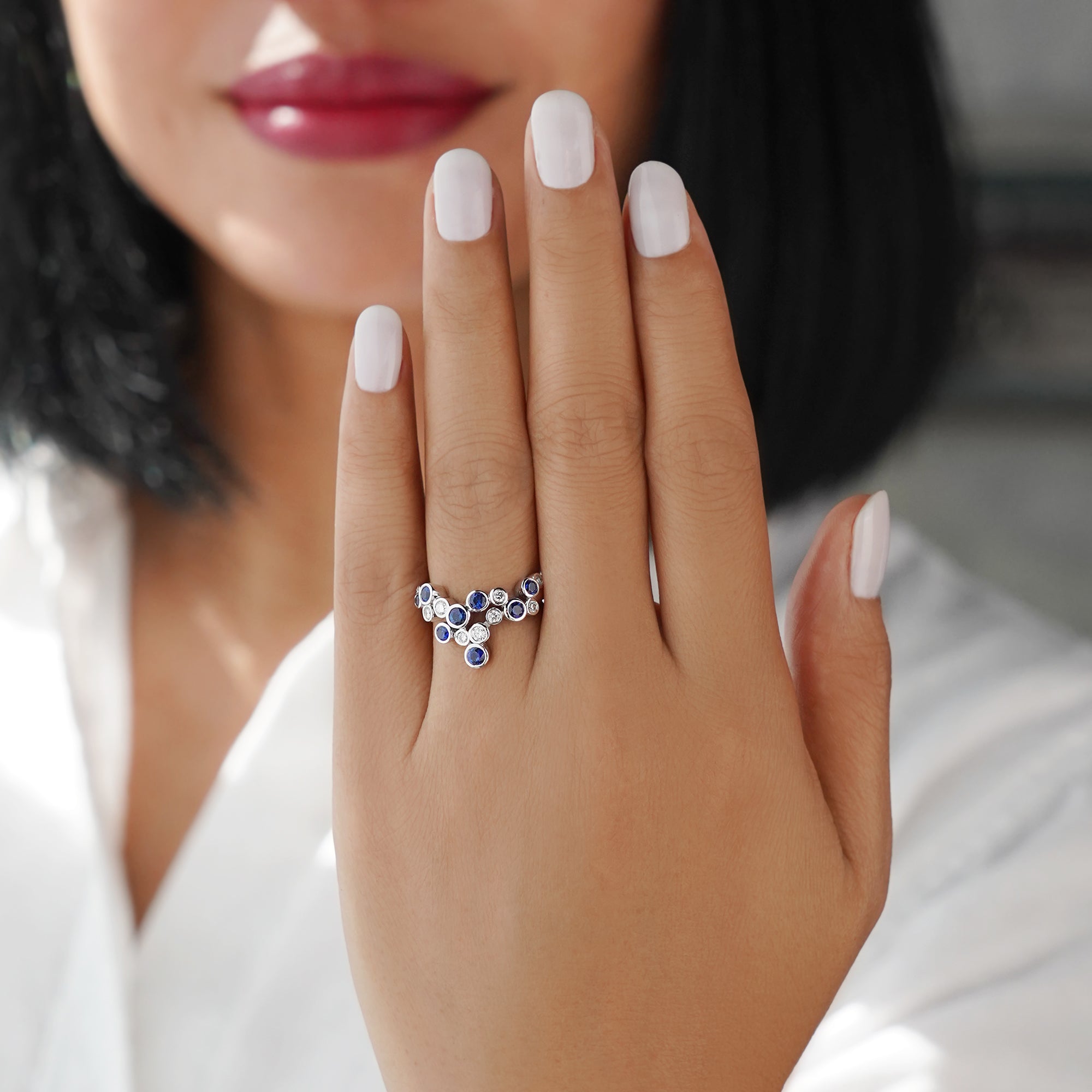 Bubble Blue Sapphire & Natural Diamond Ring - Solid 18K White Gold | BITS OF BALI JEWELRY