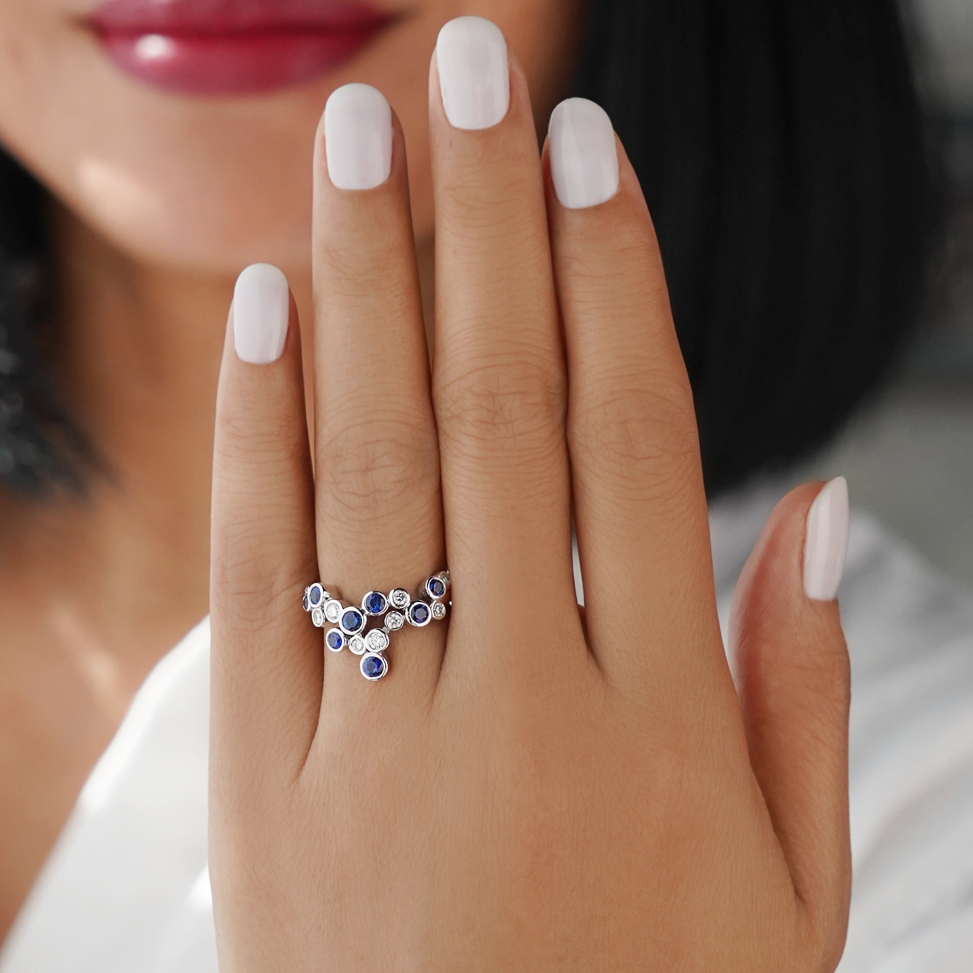 Bubble Blue Sapphire & Natural Diamond Ring - Solid 18K White Gold | BITS OF BALI JEWELRY