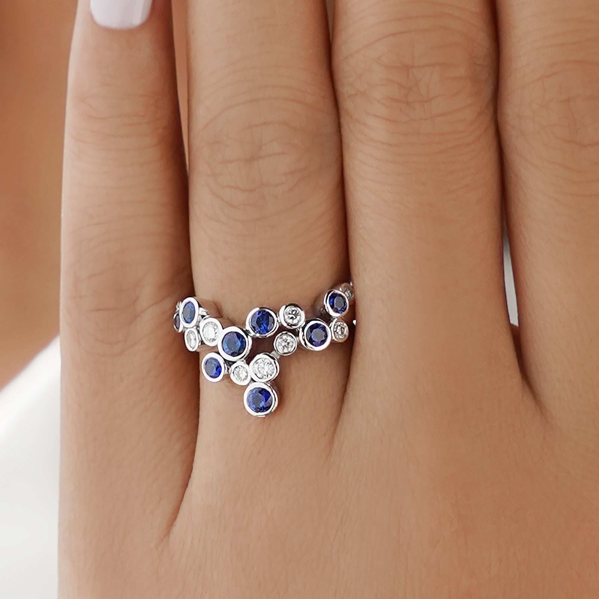 Bubble Blue Sapphire & Natural Diamond Ring - Solid 18K White Gold | BITS OF BALI JEWELRY