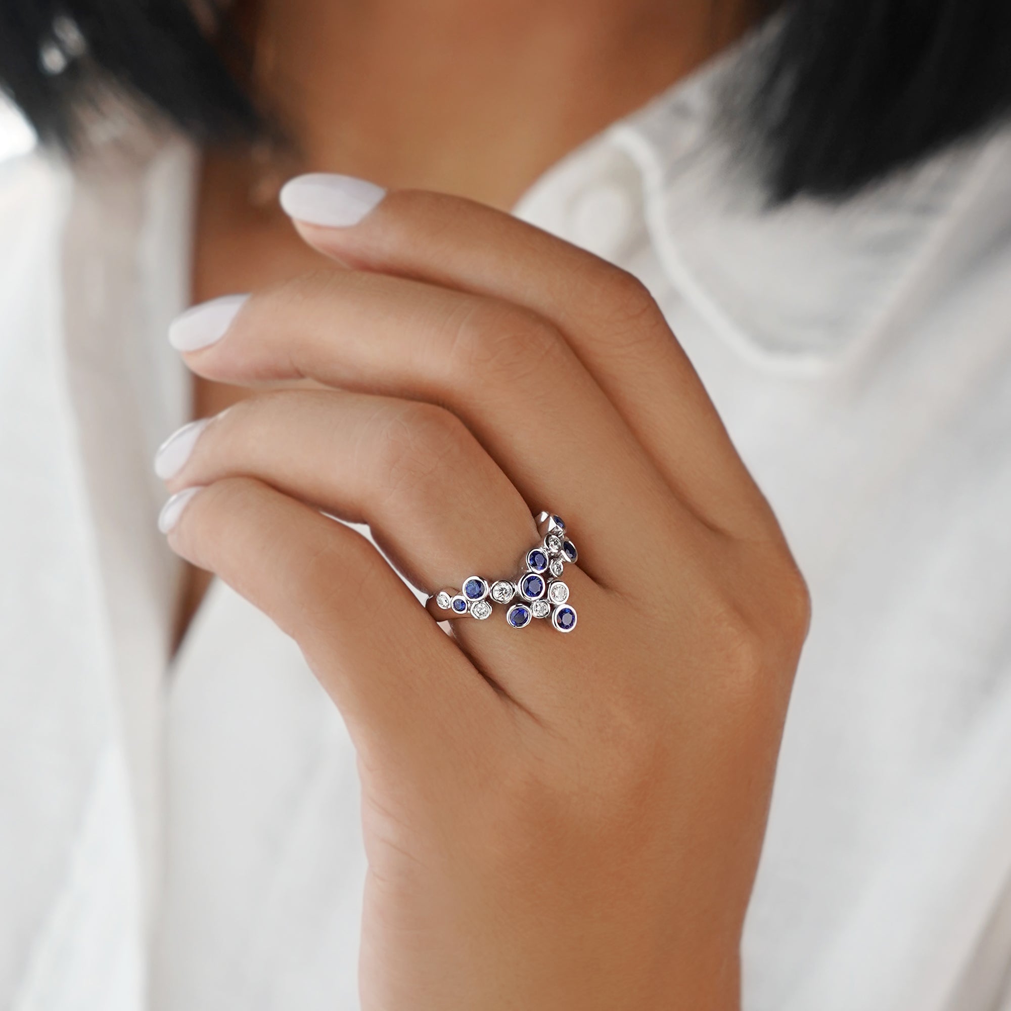 Bubble Blue Sapphire & Natural Diamond Ring - Solid 18K White Gold | BITS OF BALI JEWELRY