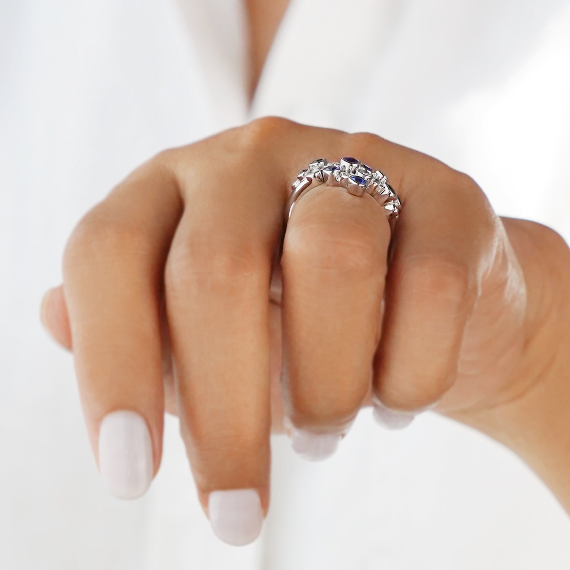 Bubble Blue Sapphire & Natural Diamond Ring - Solid 18K White Gold | BITS OF BALI JEWELRY