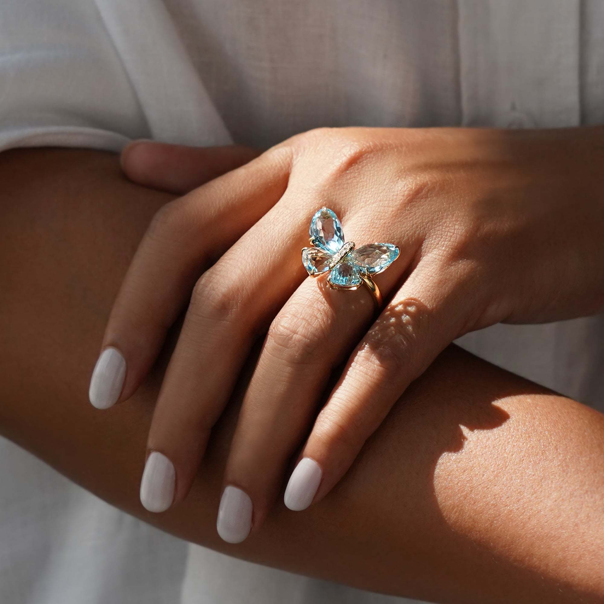 Butterfly Blue Topaz Ring - Solid 18K Yellow Gold | BITS OF BALI JEWELRY