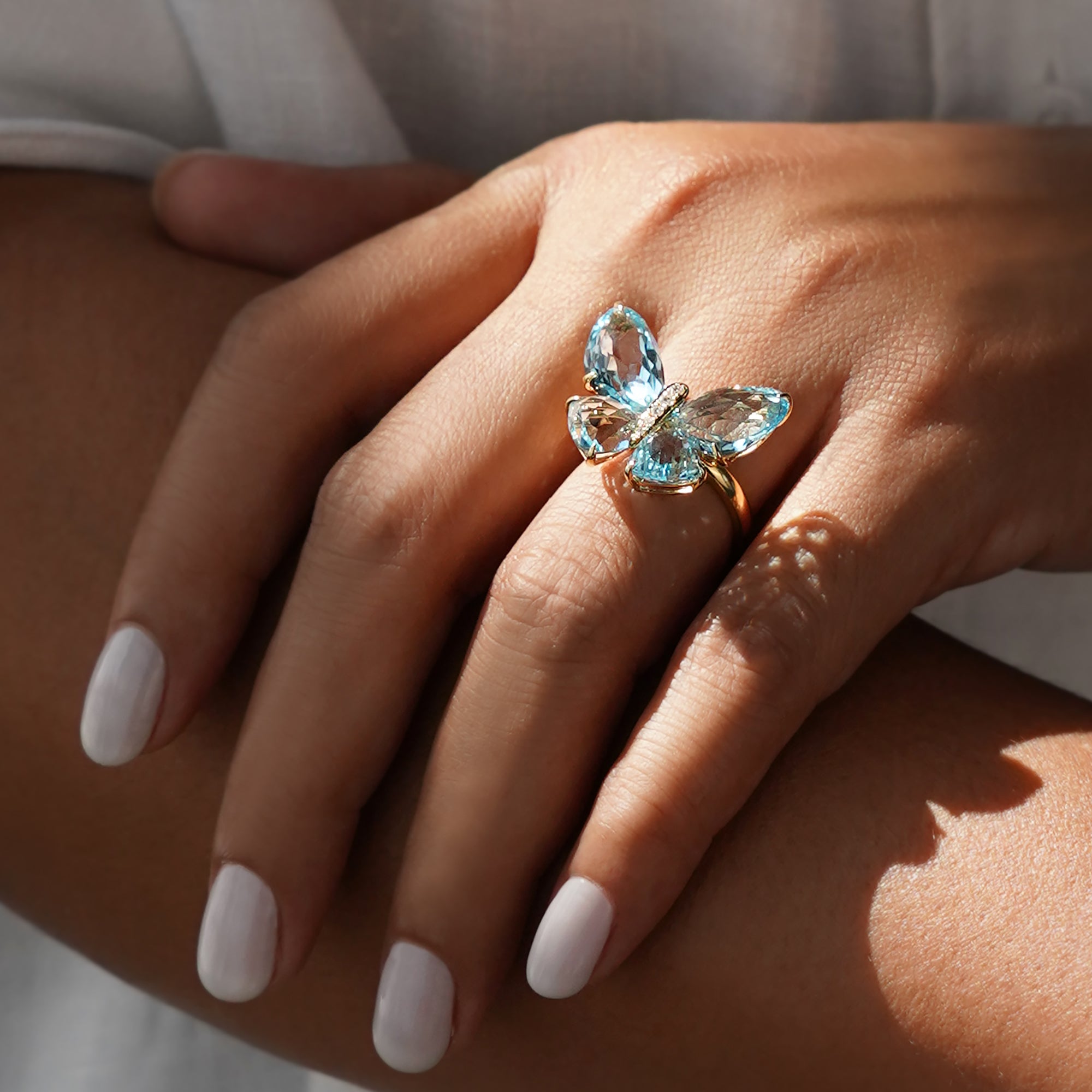 Butterfly Blue Topaz Ring - Solid 18K Yellow Gold | BITS OF BALI JEWELRY