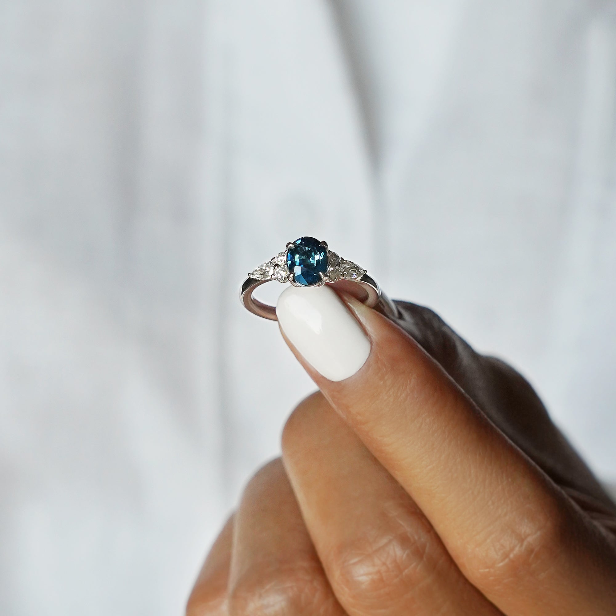 Teal Sapphire With Side Diamond Ring - Solid 14K White Gold | BITS OF BALI JEWELRY