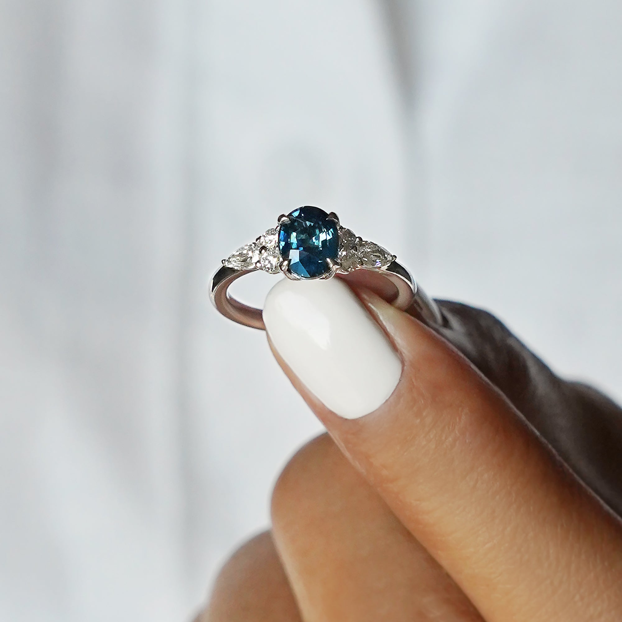 Teal Sapphire With Side Diamond Ring Solid 14K White Gold