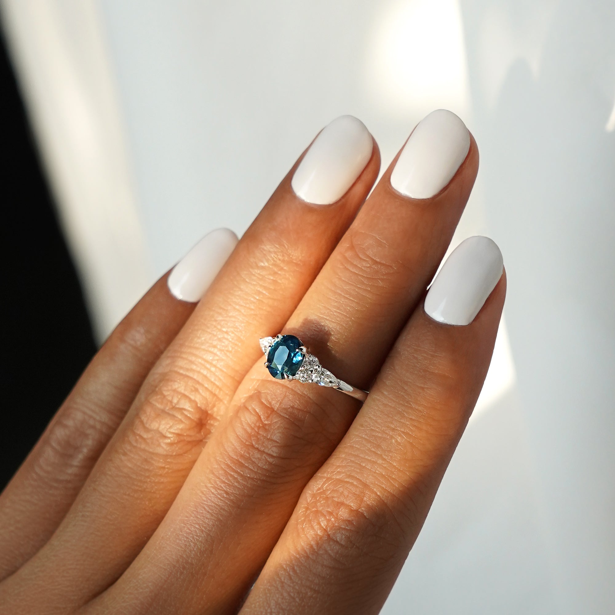Teal Sapphire With Side Diamond Ring - Solid 14K White Gold | BITS OF BALI JEWELRY