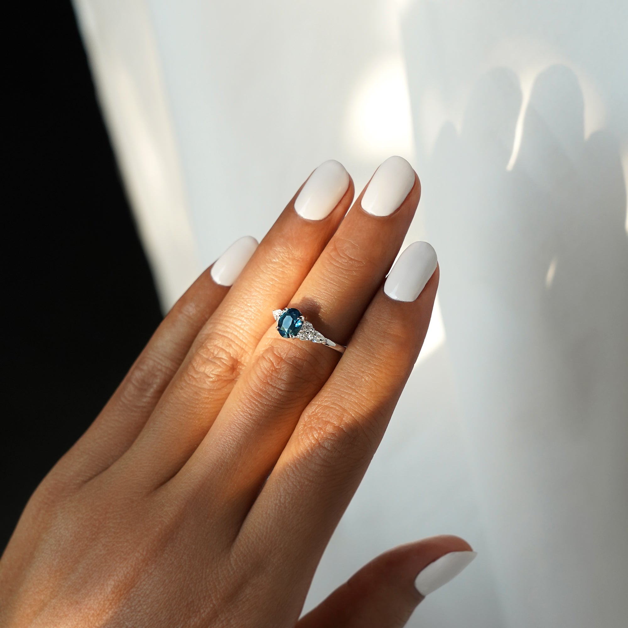 Teal Sapphire With Side Diamond Ring - Solid 14K White Gold | BITS OF BALI JEWELRY