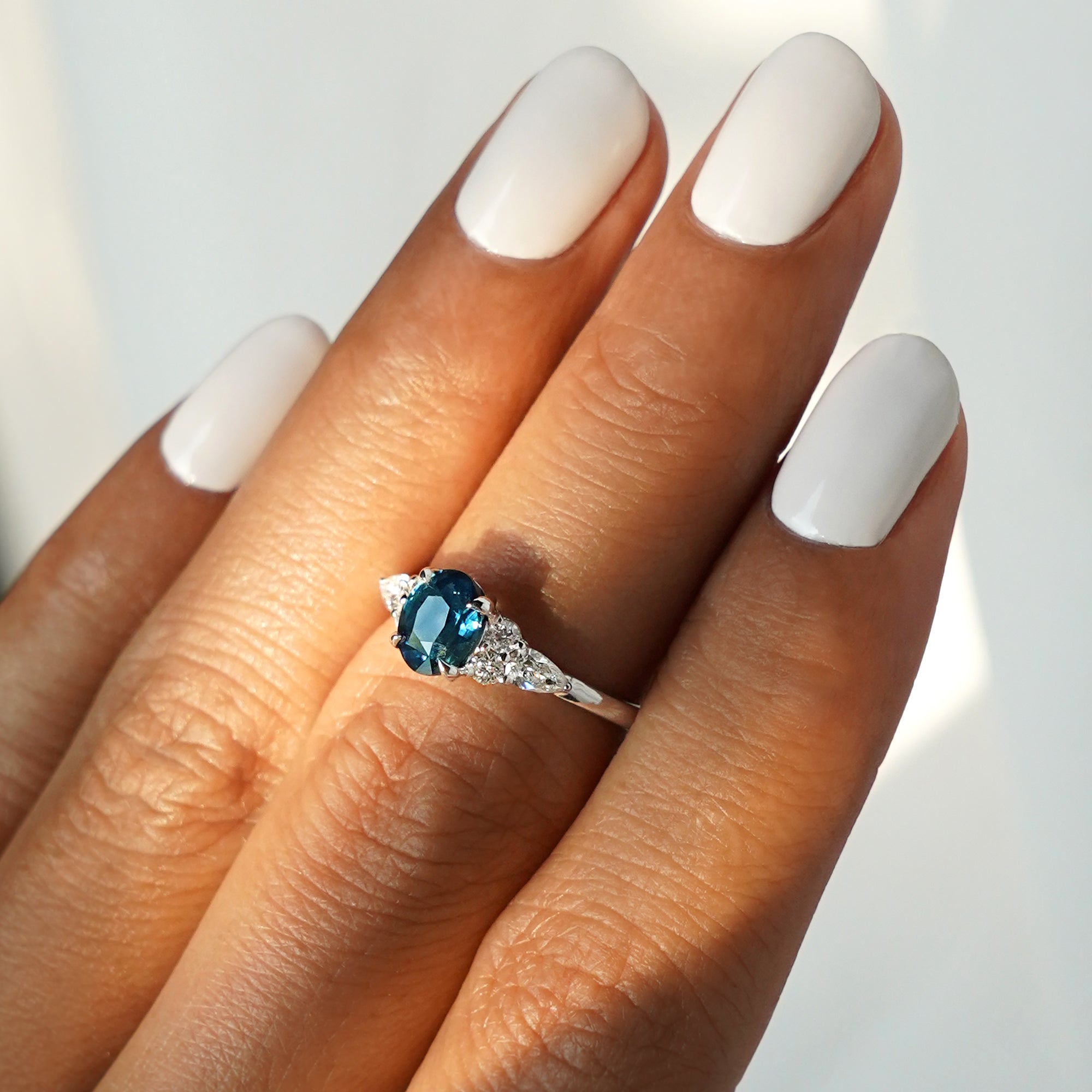 Teal Sapphire With Side Diamond Ring - Solid 14K White Gold | BITS OF BALI JEWELRY