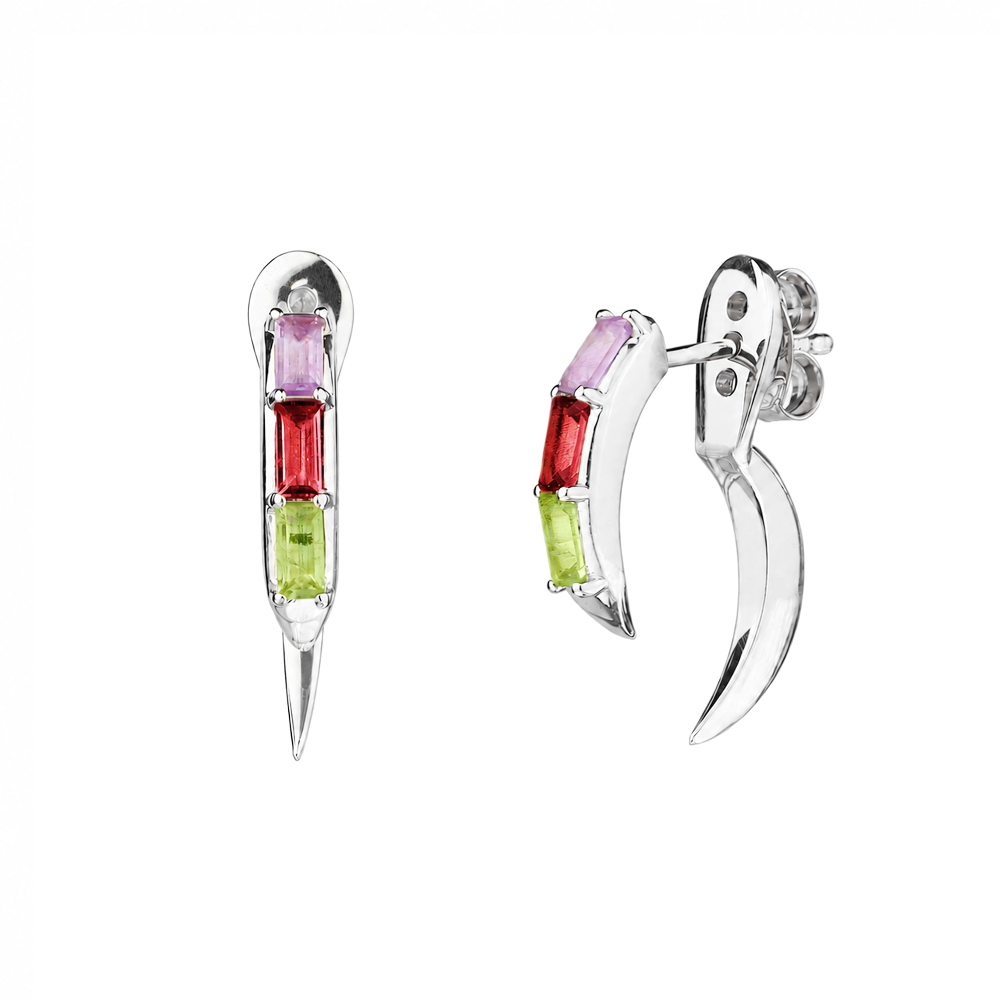 Claw Ear Jacket Amethyst Garnet Peridot Earrings - Sterling Silver