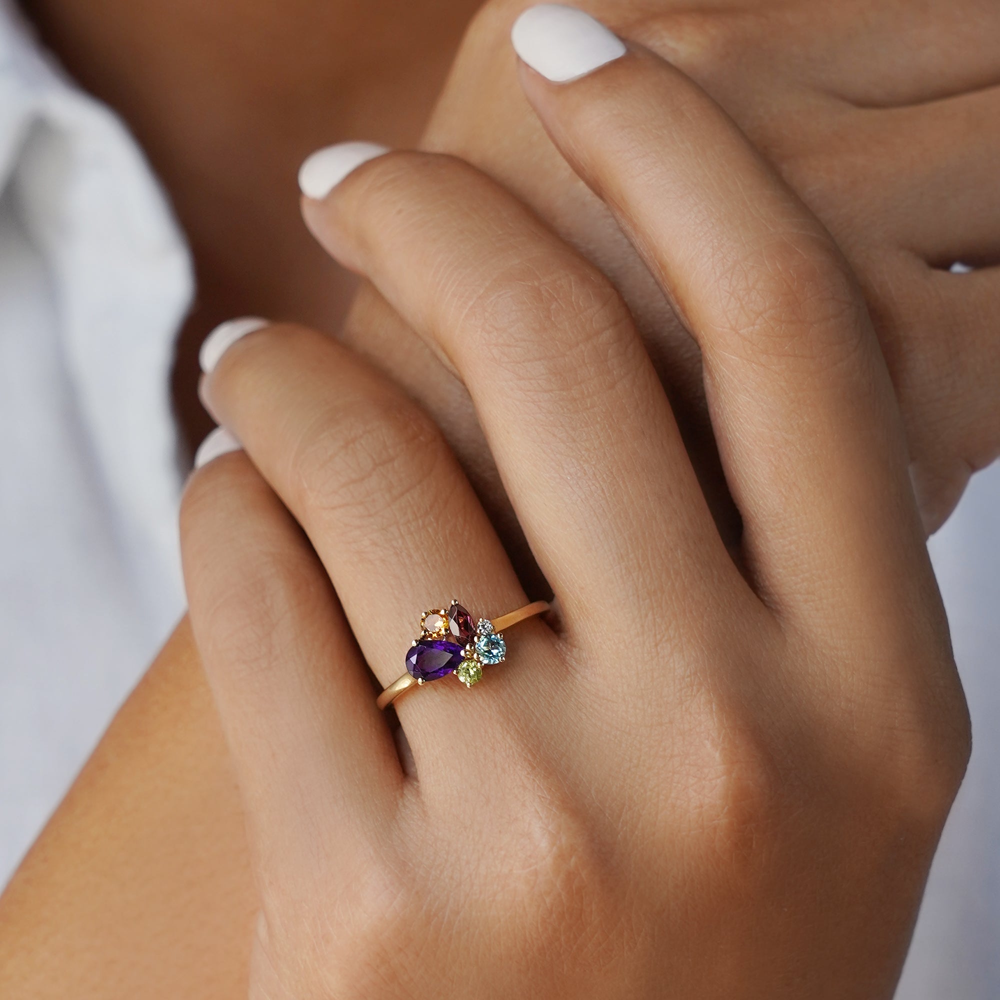 Clustered Multi-Colored Gemstones Ring - Solid 14K Yellow Gold. | BITS OF BALI JEWELRY