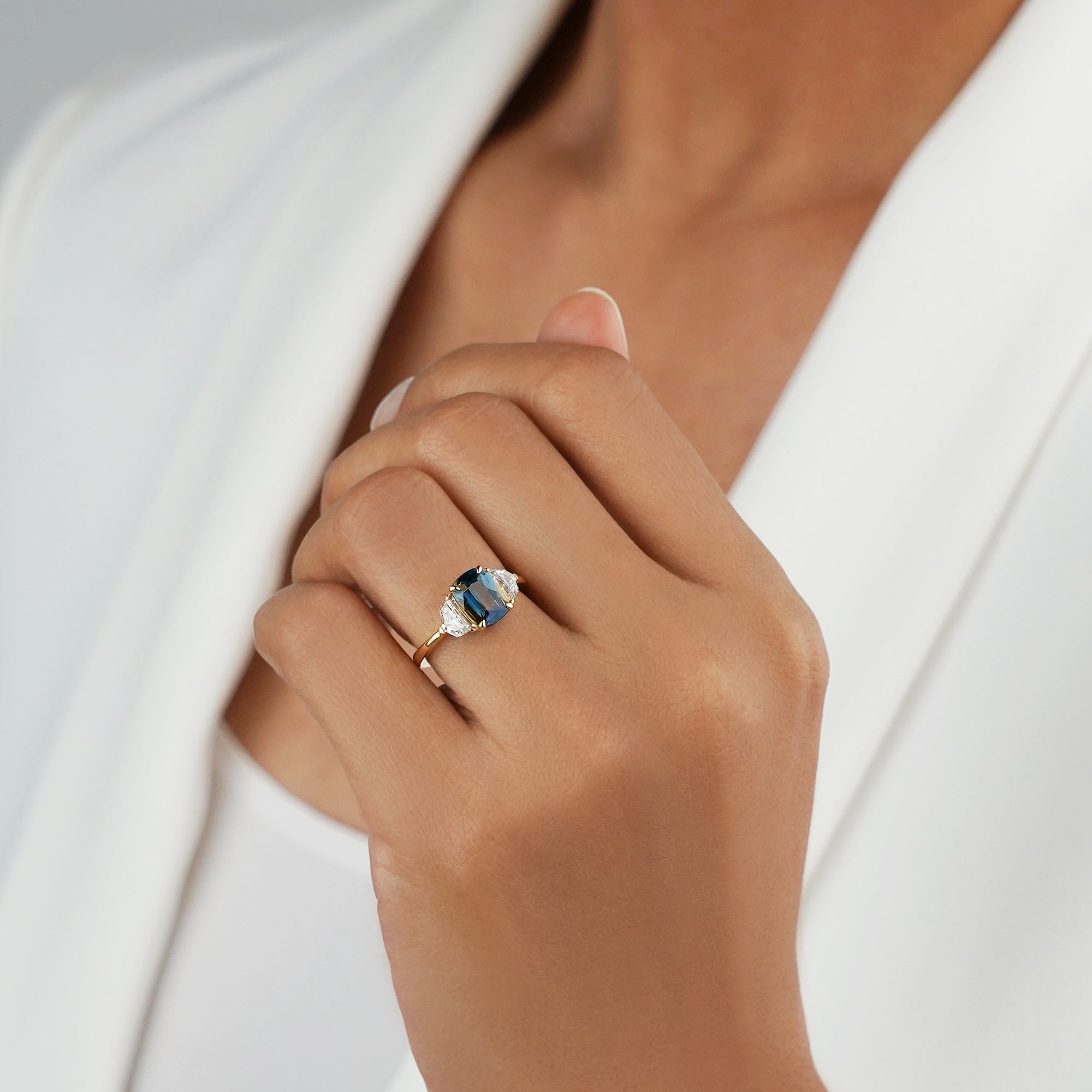 2 Carat Parti Sapphire Elongated Cushion with Cadillac Side Diamonds - Solid 18K Yellow Gold | BITS OF BALI JEWELRY