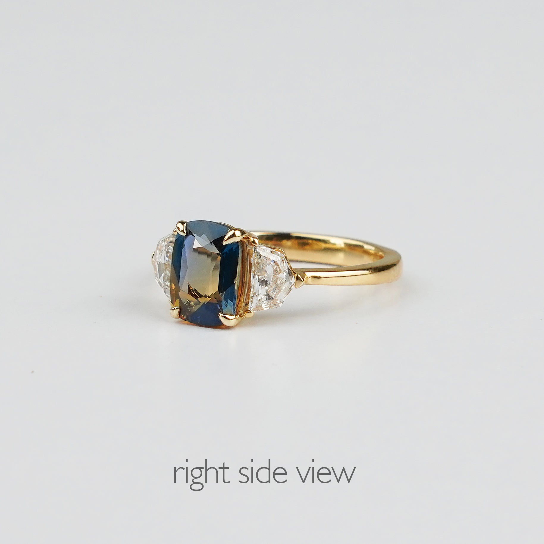 2 Carat Parti Sapphire Elongated Cushion with Cadillac Side Diamonds - Solid 18K Yellow Gold | BITS OF BALI JEWELRY