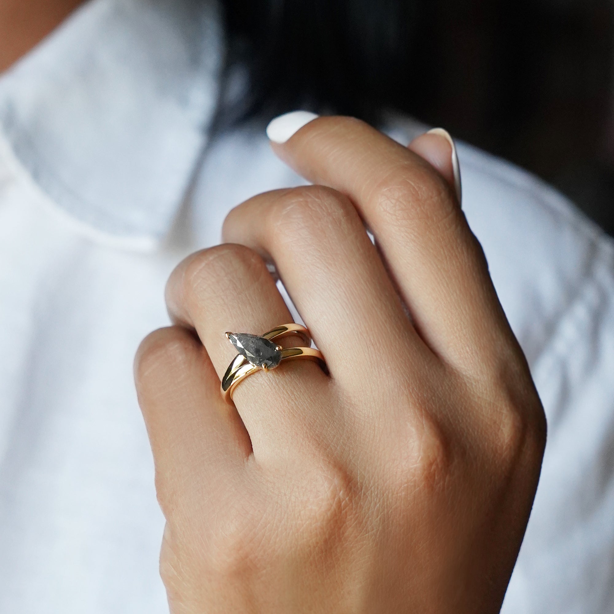 Salt & Pepper Diamond Diagonal Long Pear Shaped Ring - Solid 18K Yellow Gold | BITS OF BALI JEWELRY