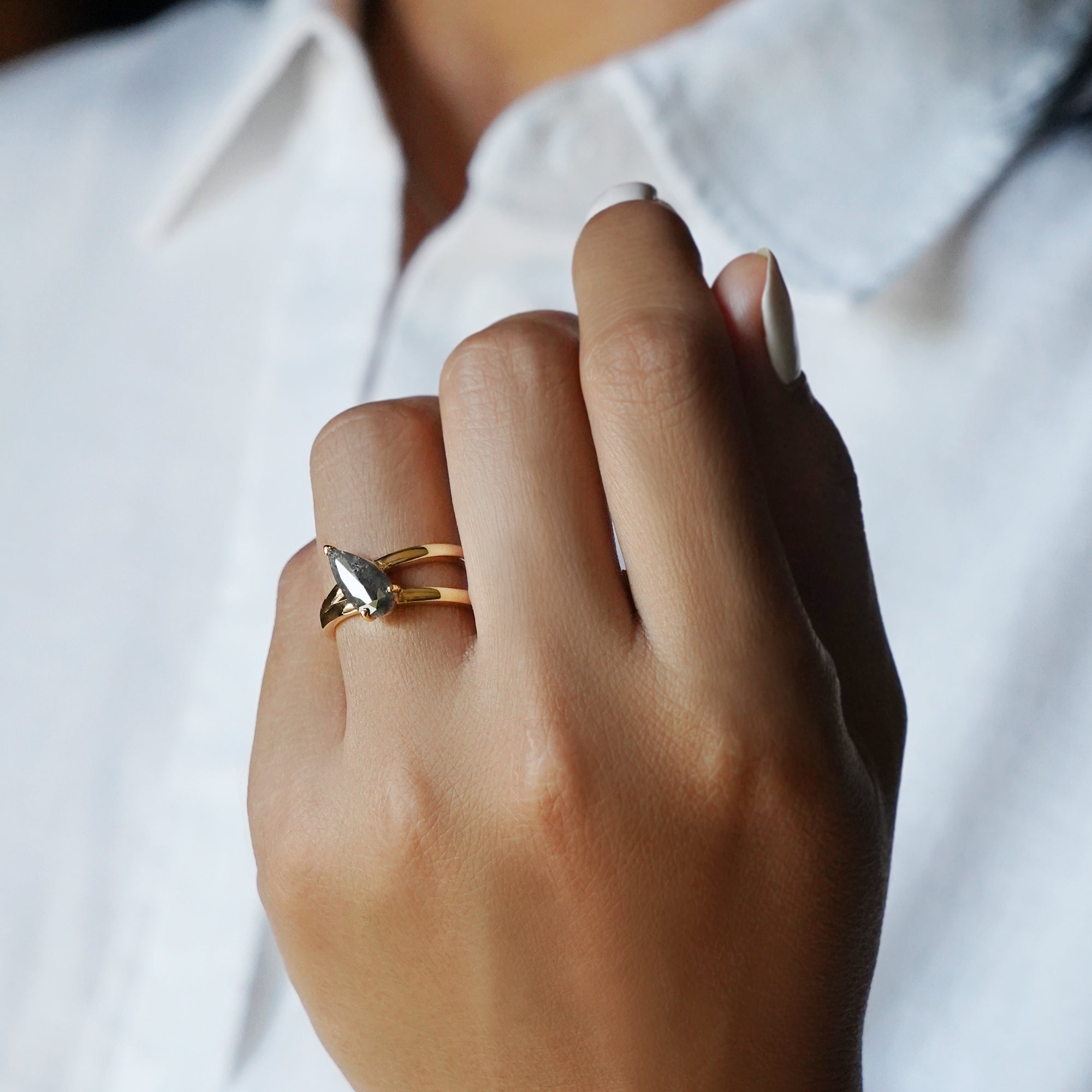 Salt & Pepper Diamond Diagonal Long Pear Shaped Ring - Solid 18K Yellow Gold | BITS OF BALI JEWELRY