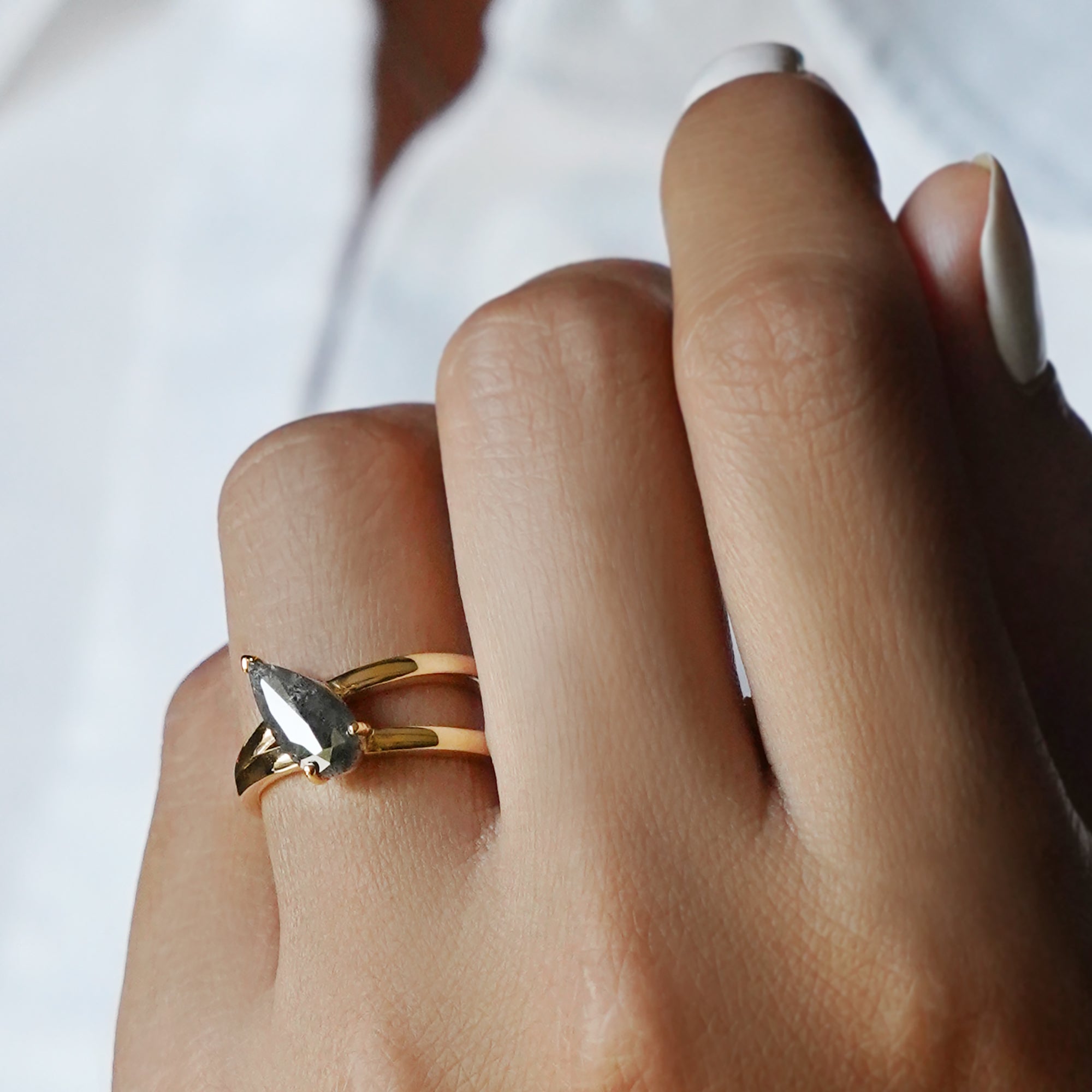 Salt & Pepper Diamond Diagonal Long Pear Shaped Ring - Solid 18K Yellow Gold | BITS OF BALI JEWELRY