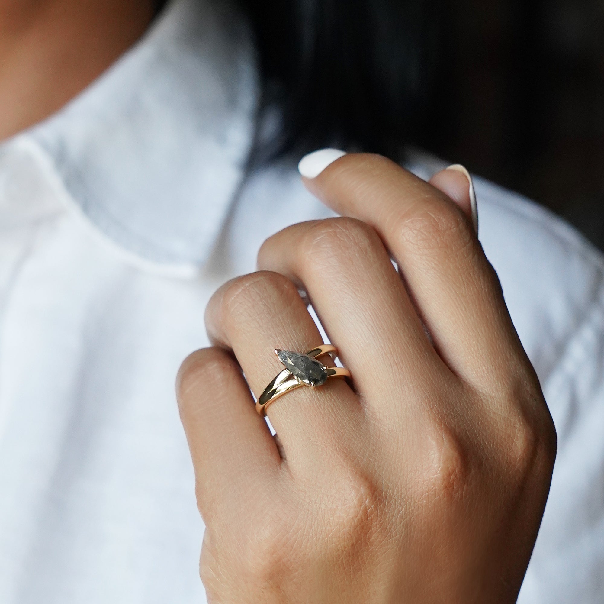 Salt & Pepper Diamond Diagonal Long Pear Shaped Ring - Solid 18K Yellow Gold | BITS OF BALI JEWELRY