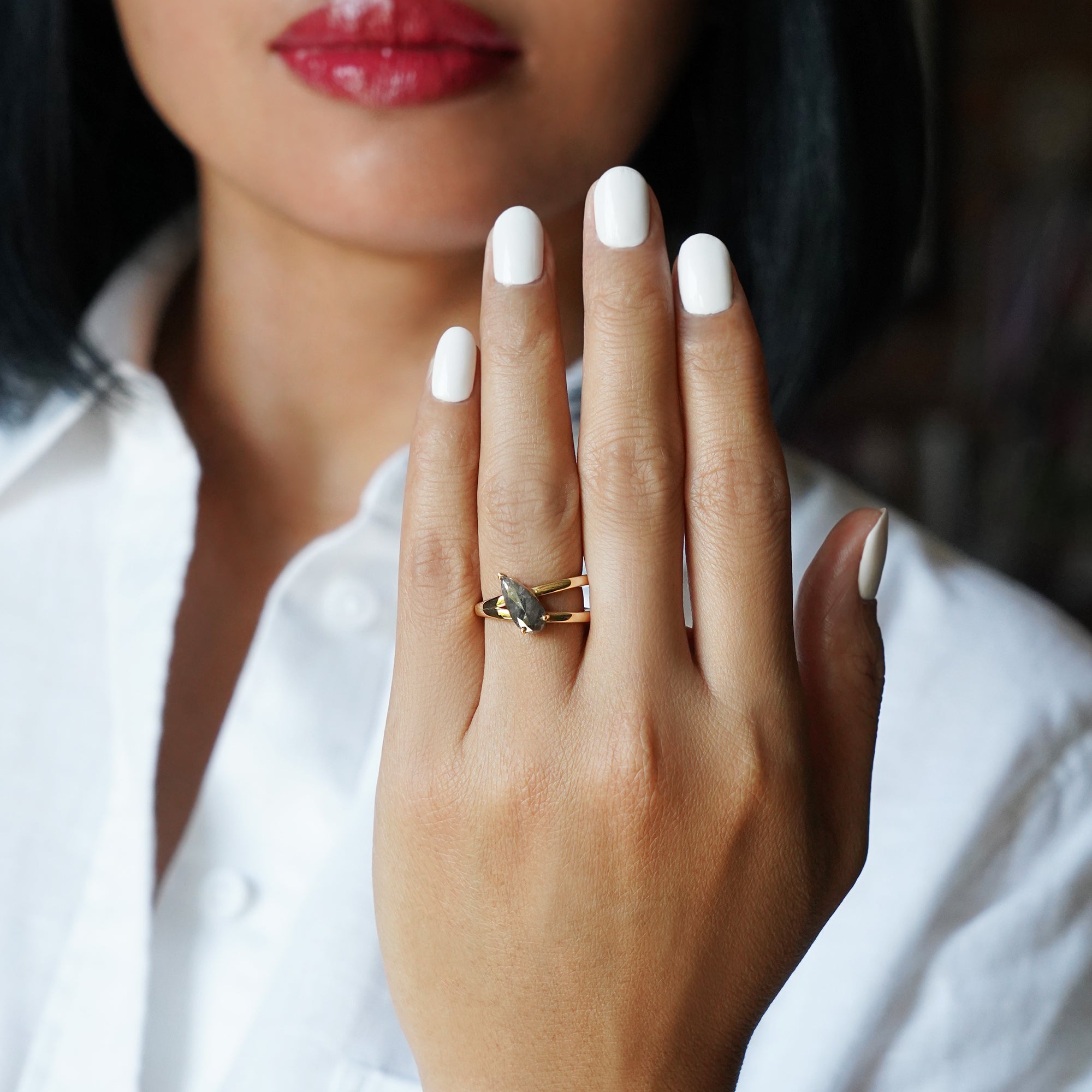 Salt & Pepper Diamond Diagonal Long Pear Shaped Ring - Solid 18K Yellow Gold | BITS OF BALI JEWELRY