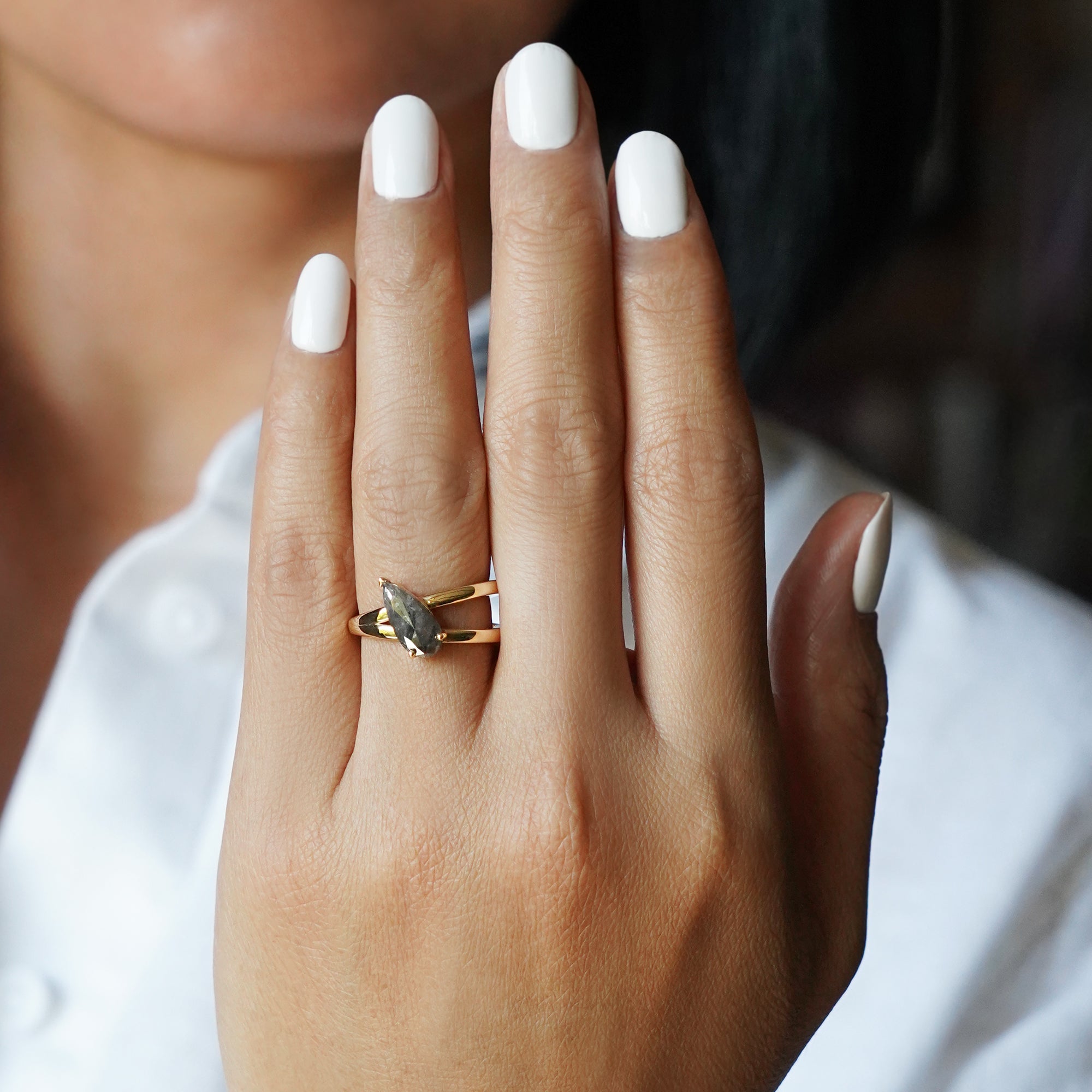 Salt & Pepper Diamond Diagonal Long Pear Shaped Ring - Solid 18K Yellow Gold | BITS OF BALI JEWELRY