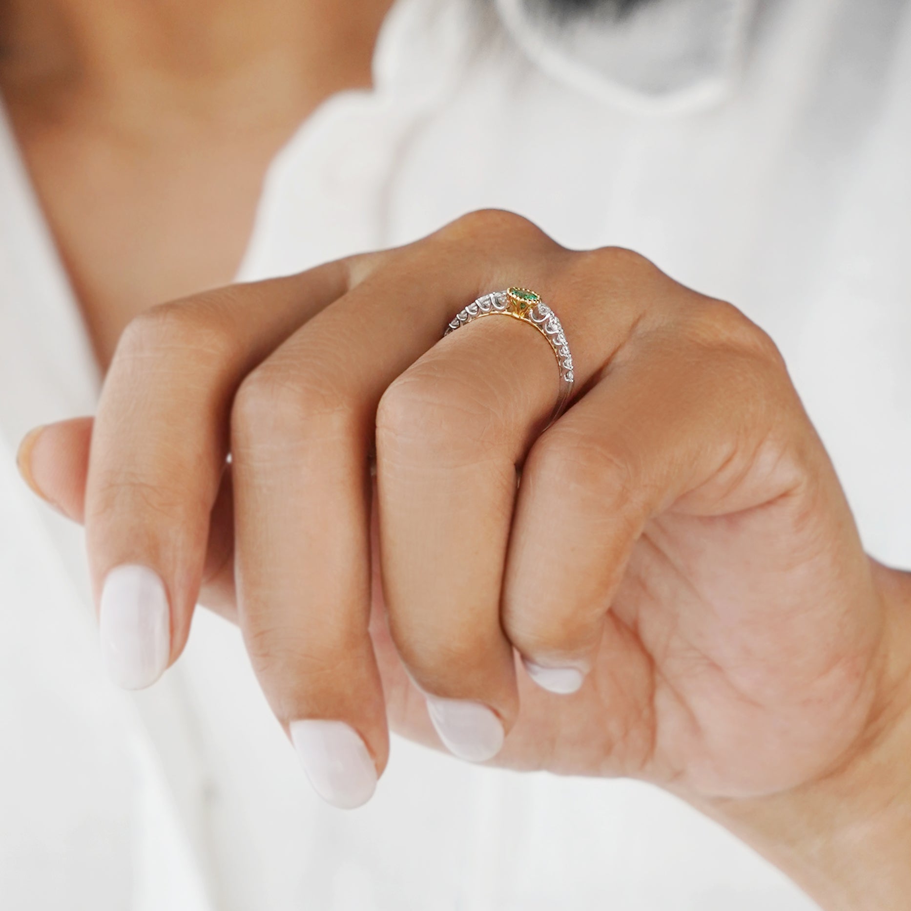 Emerald With Diamond Pave Shank Ring - Solid 18k White Gold | BITS OF BALI JEWELRY