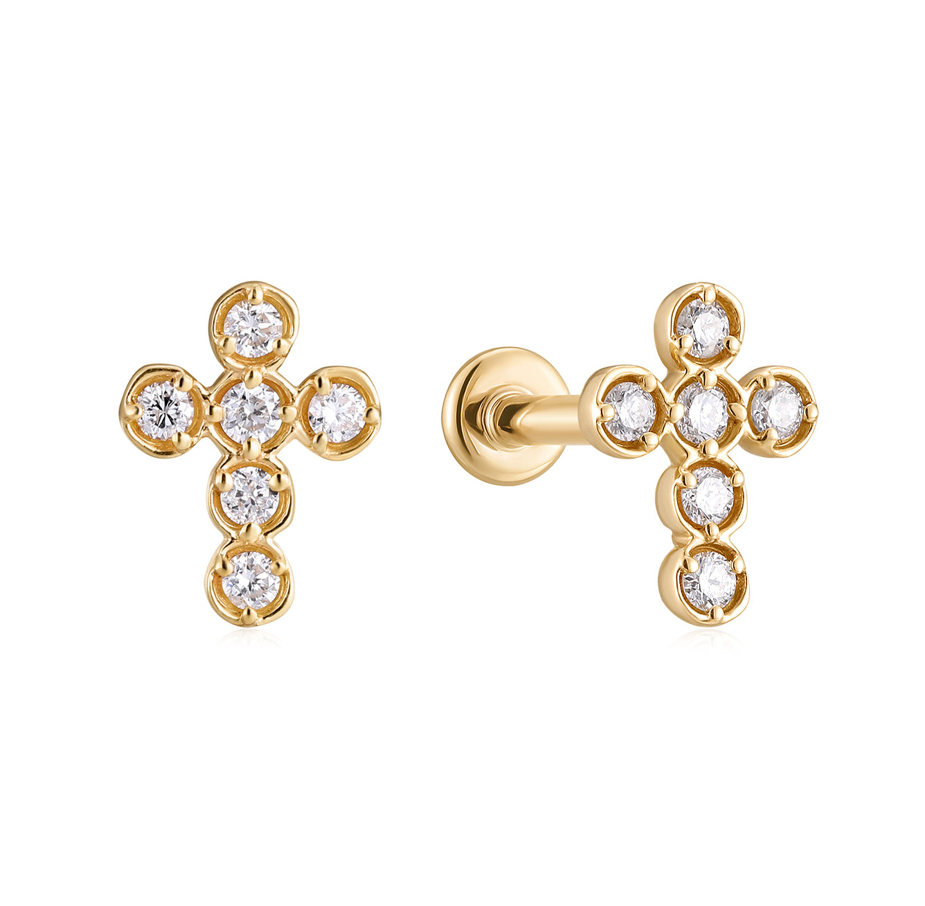 Diamond Cross Flat Back Stud Earrings - Solid 14K Yellow Gold | BITS OF BALI JEWELRY