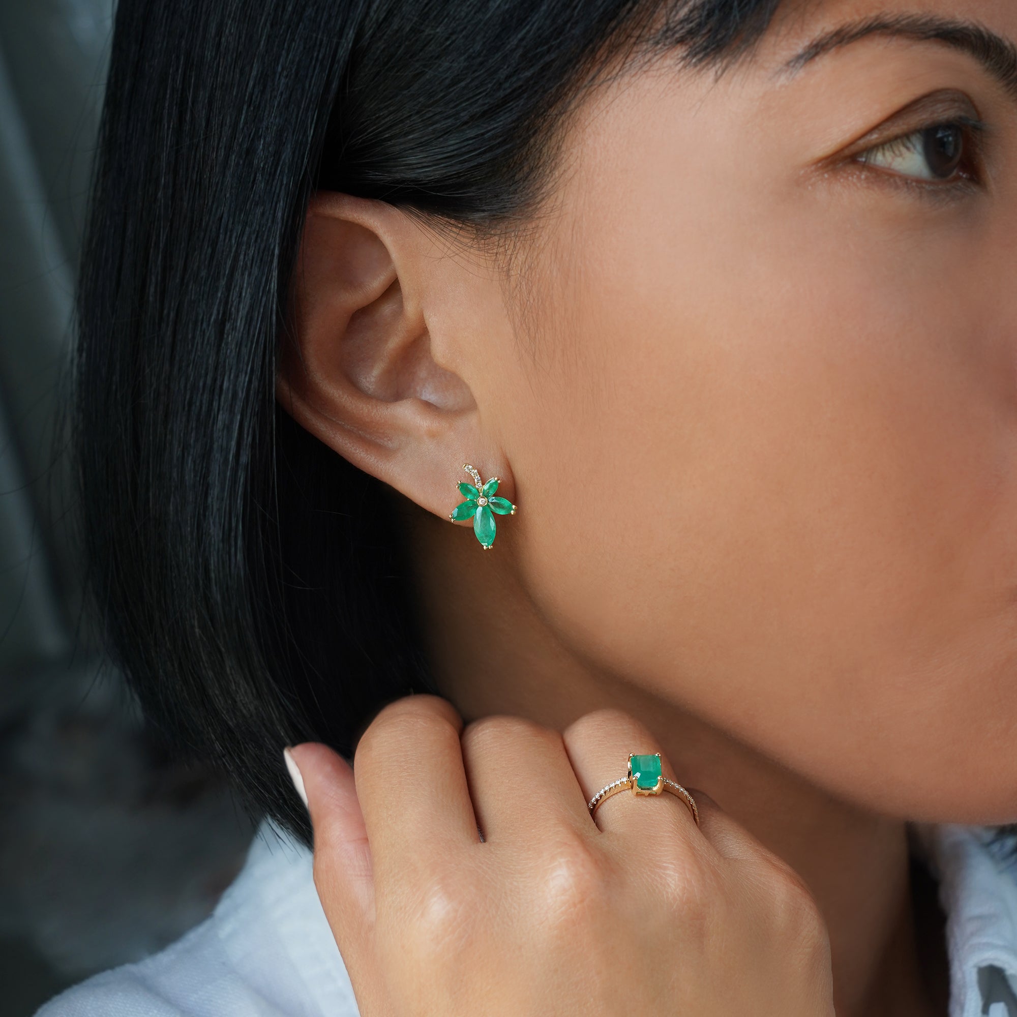 Zambian Emerald & Natural Diamonds Earring - Solid 14K Yellow Gold | BITS OF BALI JEWELRY