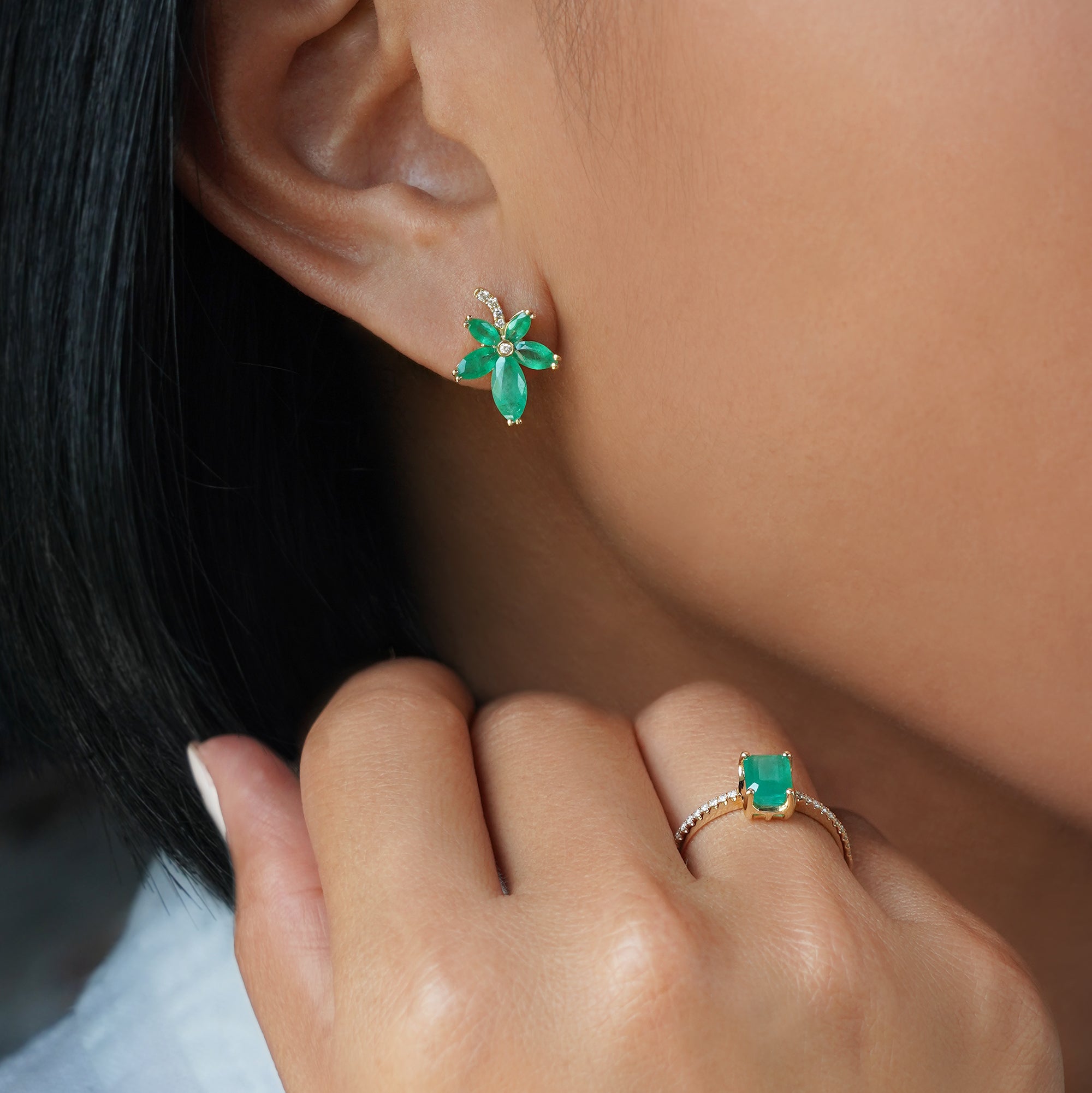 Zambian Emerald & Natural Diamonds Earring - Solid 14K Yellow Gold | BITS OF BALI JEWELRY