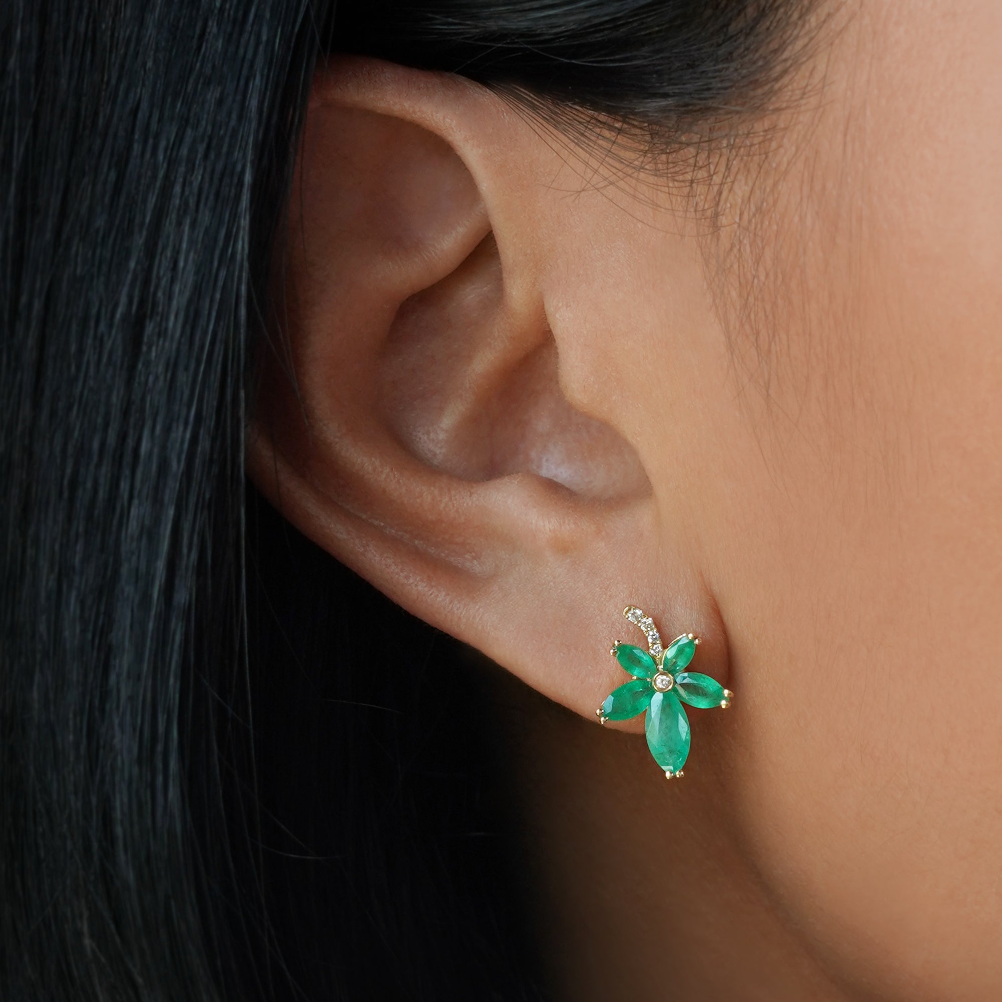 Zambian Emerald & Natural Diamonds Earring - Solid 14K Yellow Gold | BITS OF BALI JEWELRY