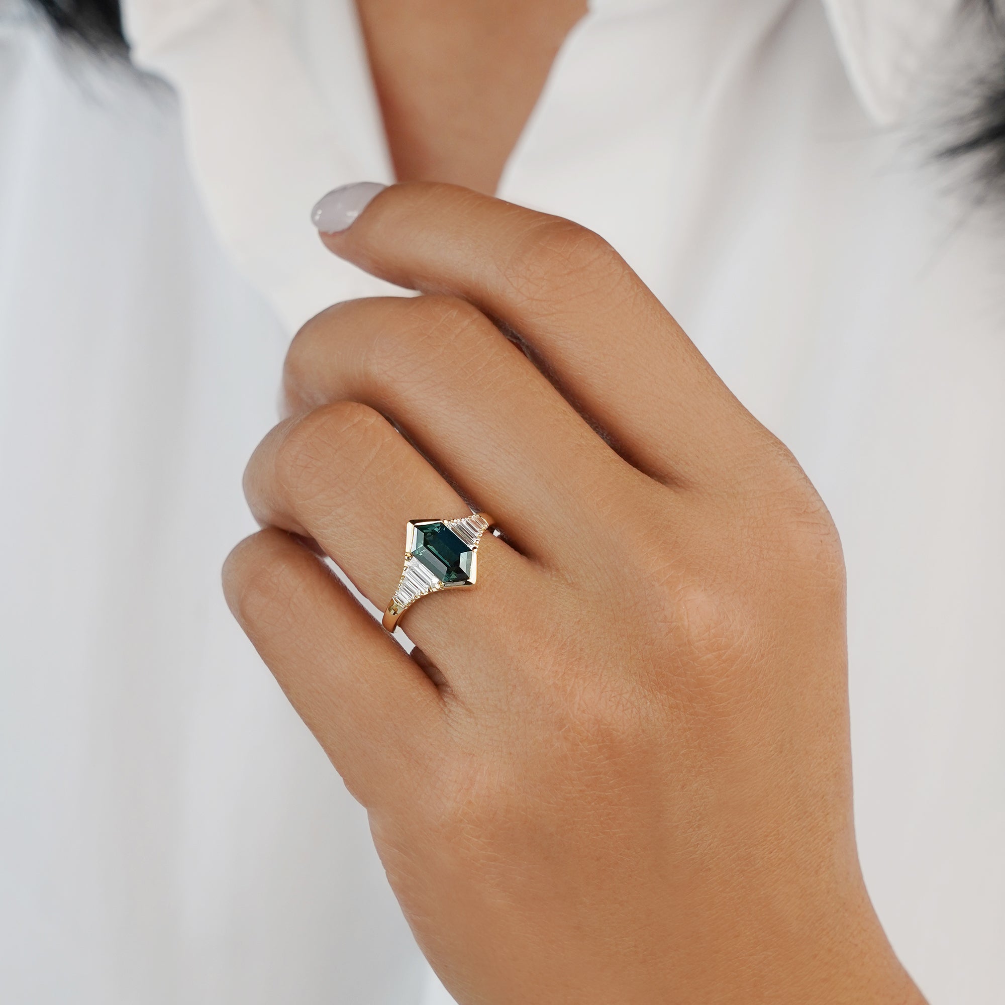 Art Deco 2.31 Carat Duchess-cut/Elongated Hexagon Teal Sapphire with 8 Baguette & 2 Square Natural Diamond Ring - Solid 18K Yellow Gold | BITS OF BALI JEWELRY