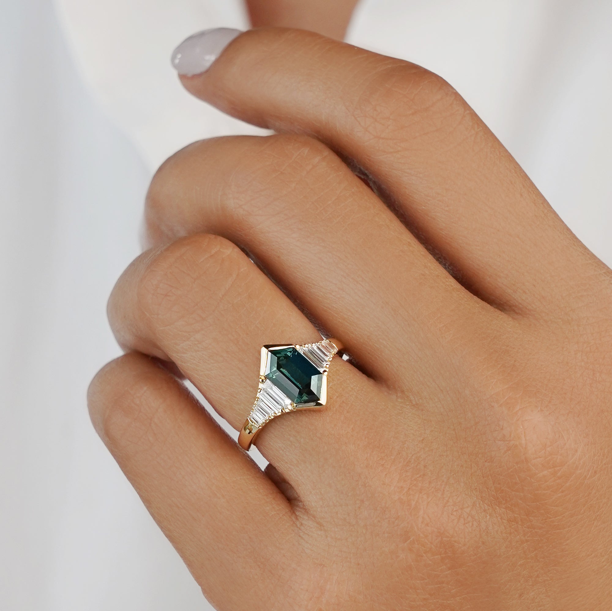 Art Deco 2.31 Carat Duchess-cut/Elongated Hexagon Teal Sapphire with 8 Baguette & 2 Square Natural Diamond Ring - Solid 18K Yellow Gold | BITS OF BALI JEWELRY
