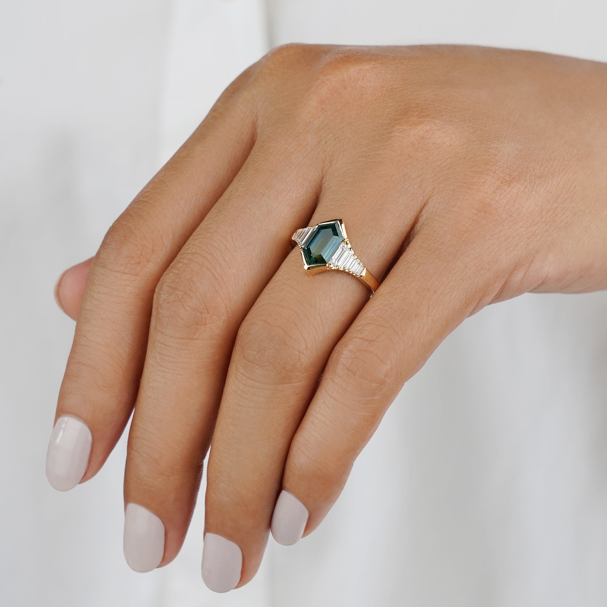 Art Deco 2.31 Carat Duchess-cut/Elongated Hexagon Teal Sapphire with 8 Baguette & 2 Square Natural Diamond Ring - Solid 18K Yellow Gold | BITS OF BALI JEWELRY