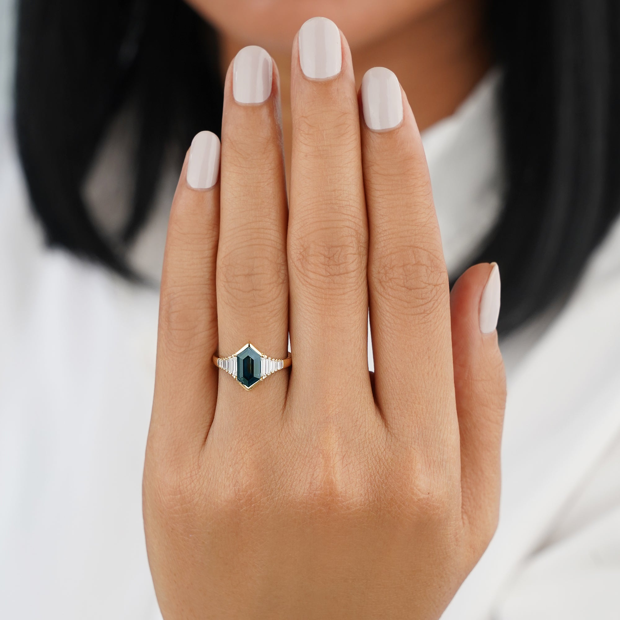 Art Deco 2.31 Carat Duchess-cut/Elongated Hexagon Teal Sapphire with 8 Baguette & 2 Square Natural Diamond Ring - Solid 18K Yellow Gold | BITS OF BALI JEWELRY