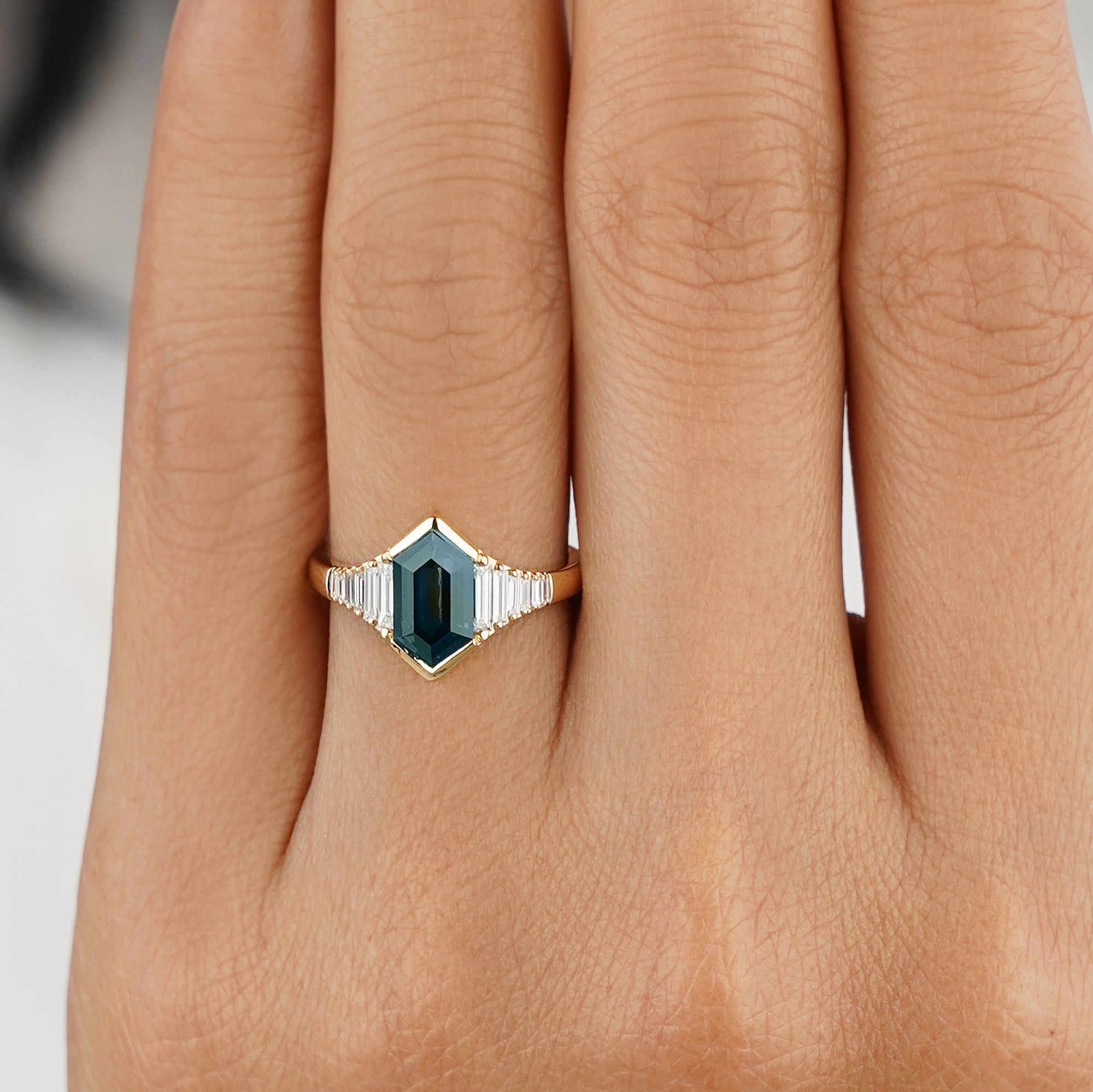 Art Deco 2.31 Carat Duchess-cut/Elongated Hexagon Teal Sapphire with 8 Baguette & 2 Square Natural Diamond Ring - Solid 18K Yellow Gold | BITS OF BALI JEWELRY