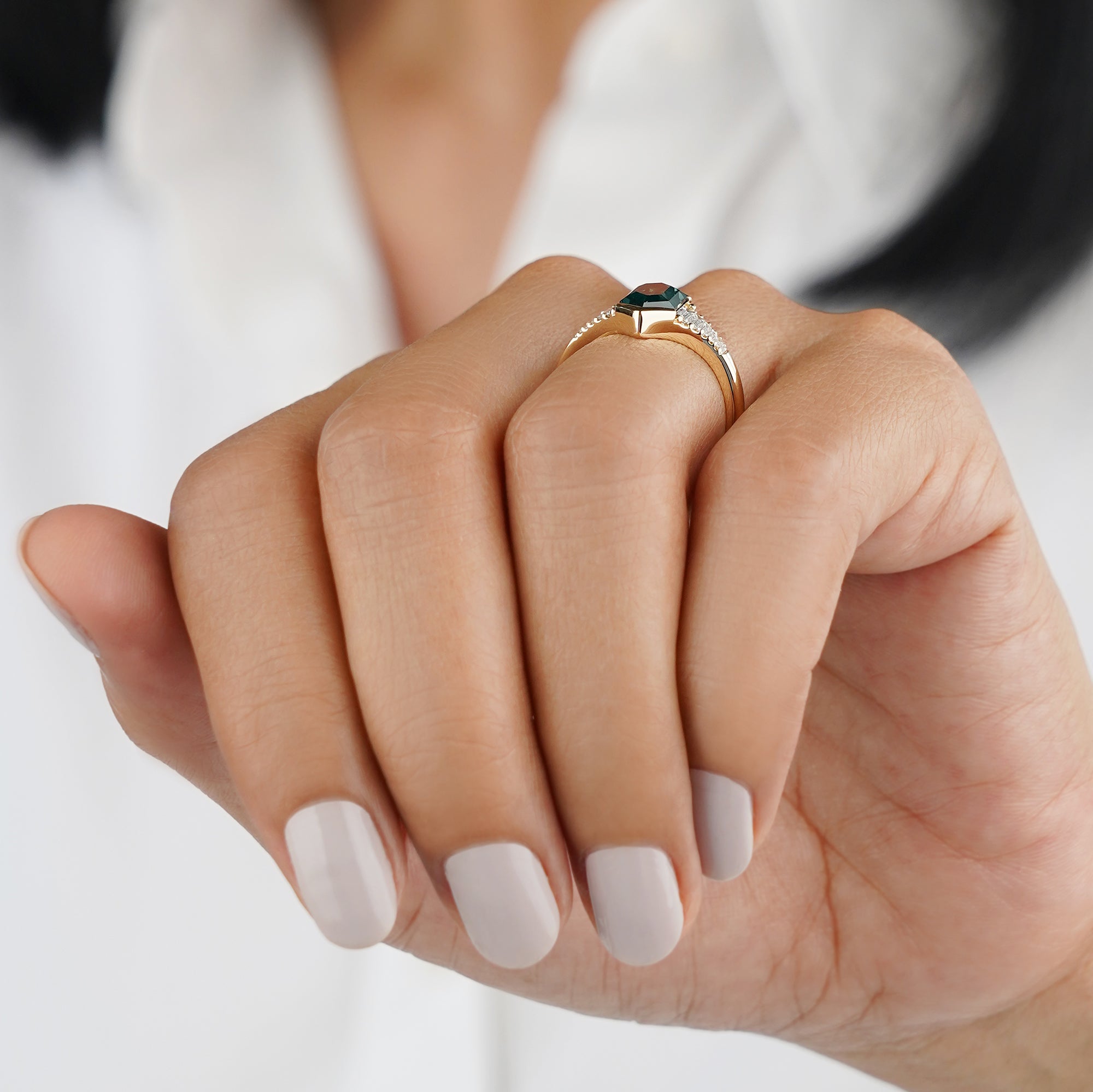 Art Deco 2.31 Carat Duchess-cut/Elongated Hexagon Teal Sapphire with 8 Baguette & 2 Square Natural Diamond Ring - Solid 18K Yellow Gold | BITS OF BALI JEWELRY