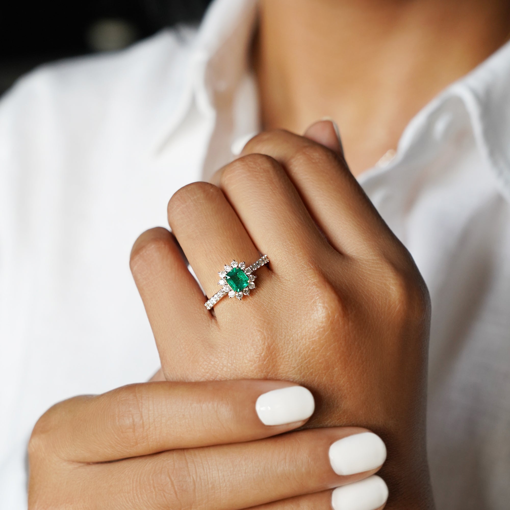 Emerald Asscher Cut And Diamond Ring - Solid 18K White Gold | BITS OF BALI JEWELRY