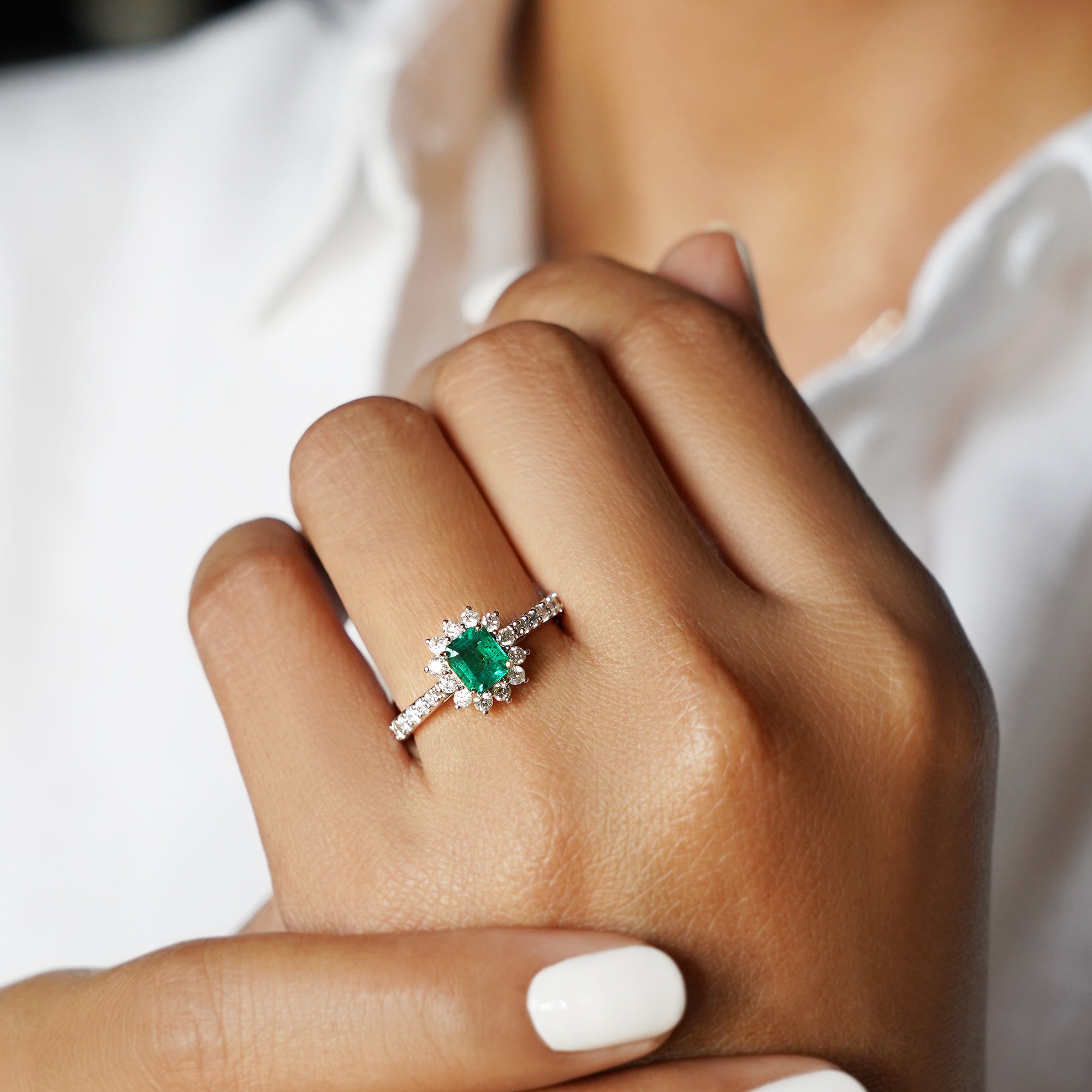 Emerald Asscher Cut And Diamond Ring - Solid 18K White Gold | BITS OF BALI JEWELRY