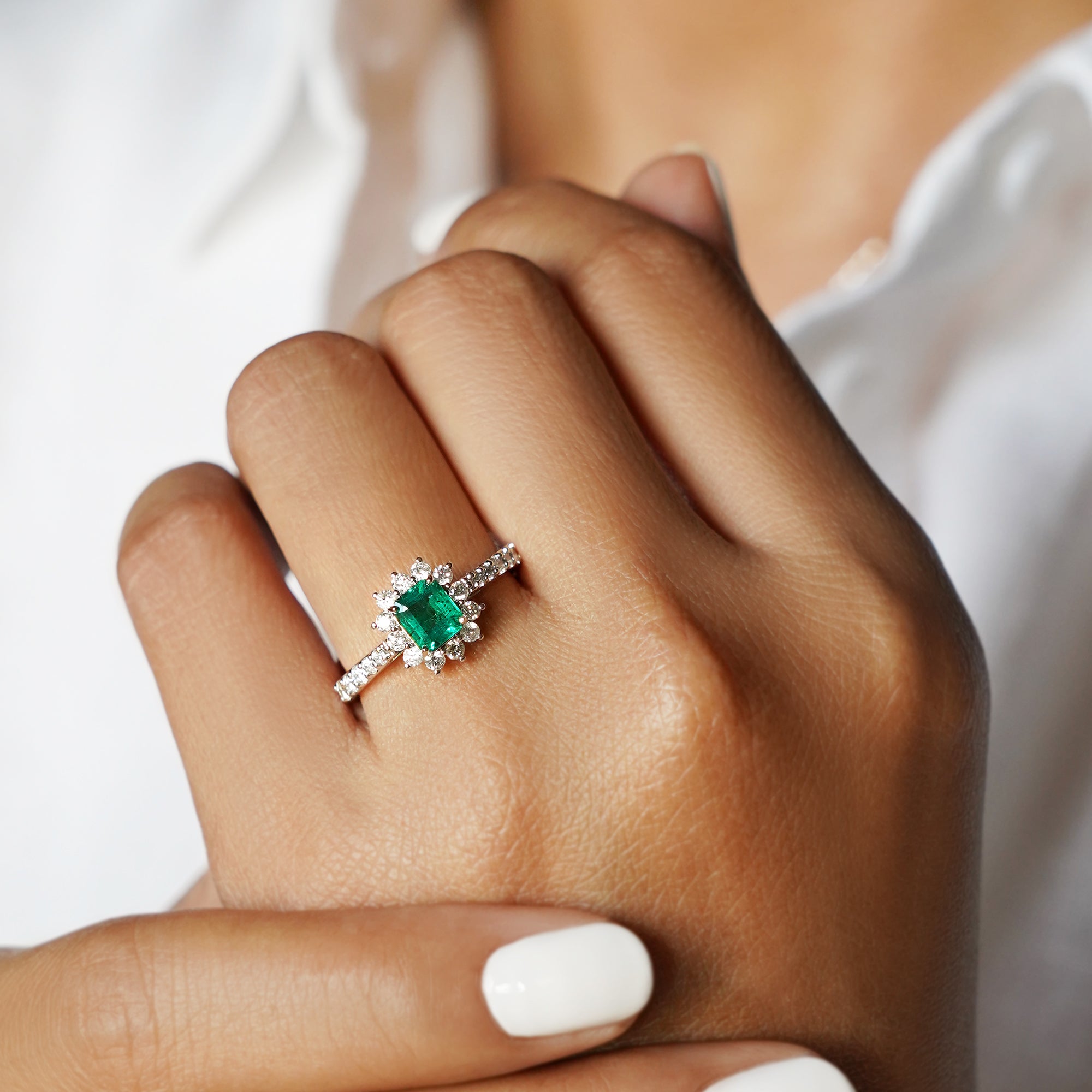 Emerald Asscher Cut And Diamond Ring - Solid 18K White Gold | BITS OF BALI JEWELRY