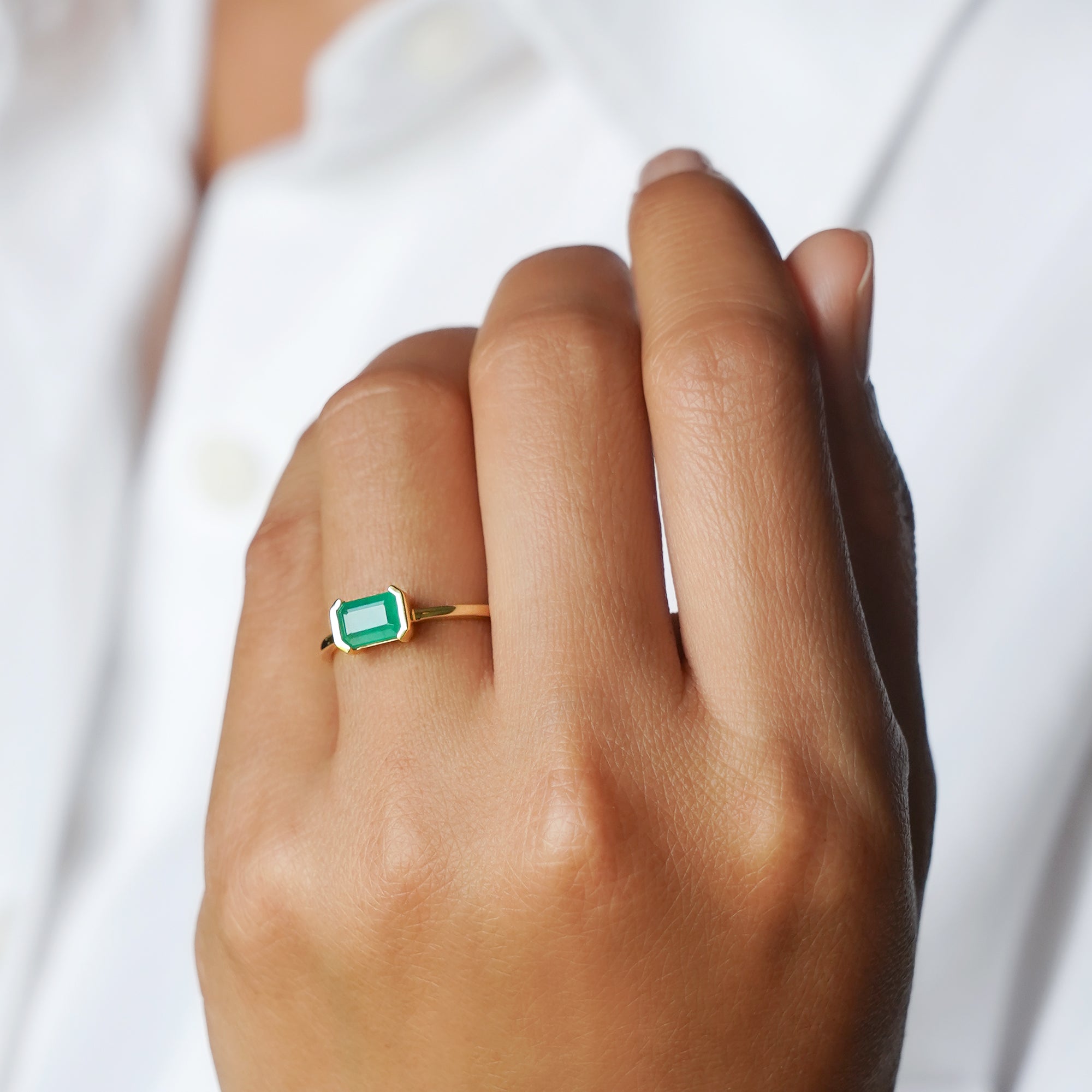 Zambian Emerald Baguette Ring - Solid 14K Yellow Gold | BITS OF BALI JEWELRY