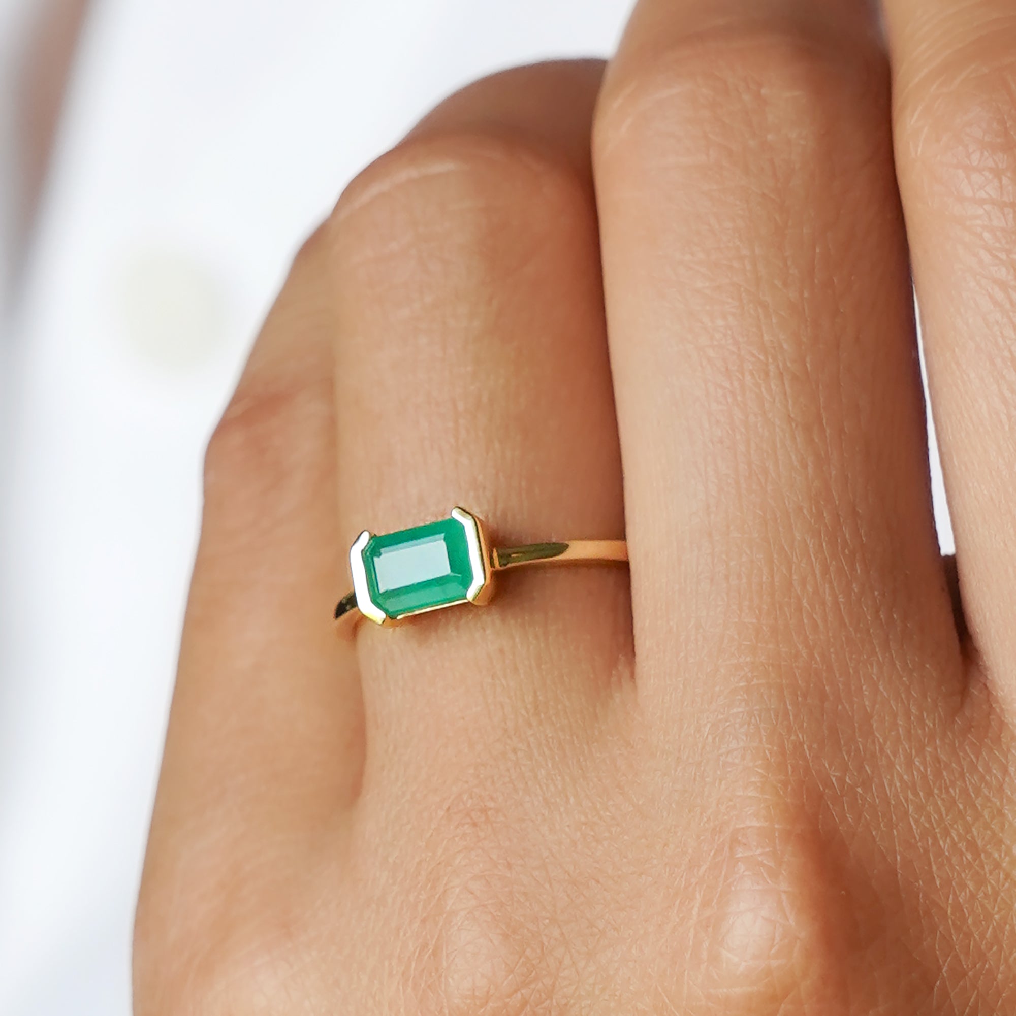 Zambian Emerald Baguette Ring - Solid 14K Yellow Gold | BITS OF BALI JEWELRY
