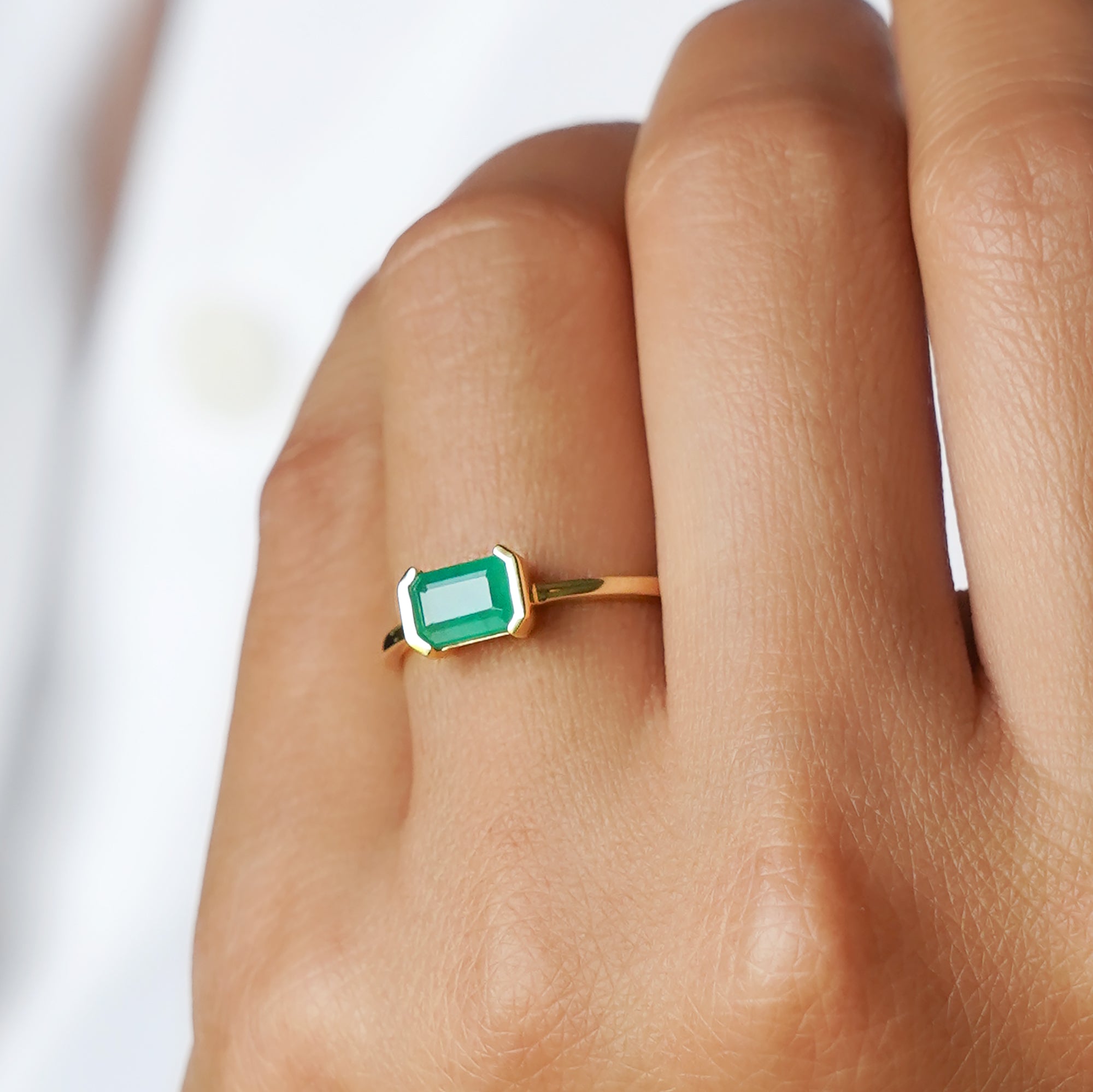Zambian Emerald Baguette Ring - Solid 14K Yellow Gold | BITS OF BALI JEWELRY
