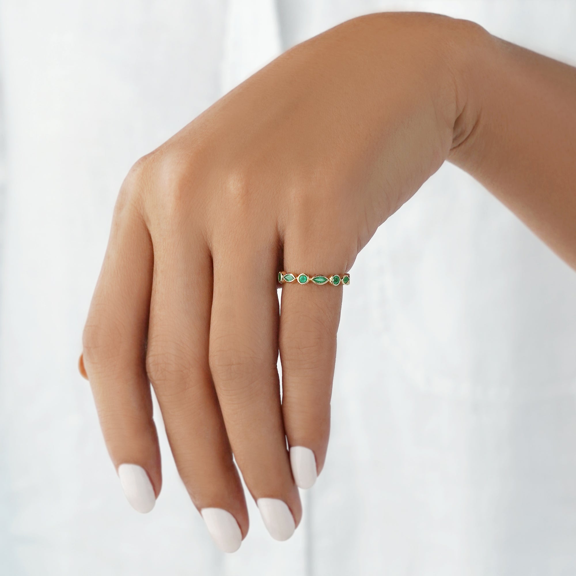 Zambian Emerald Half Eternity Ring - Solid 14K Yellow Gold | BITS OF BALI JEWELRY